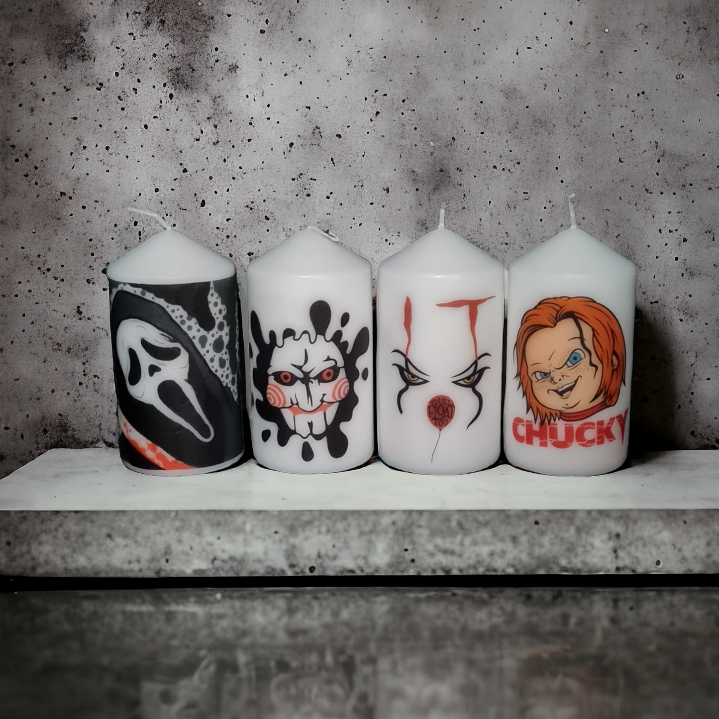 Set Of 4 Character Pillar Candles, Featuring Chilling Designs Inspired By Pennywise From It, Ghostface From Scream, Jigsaw From Saw, And Chucky From Child’s Play