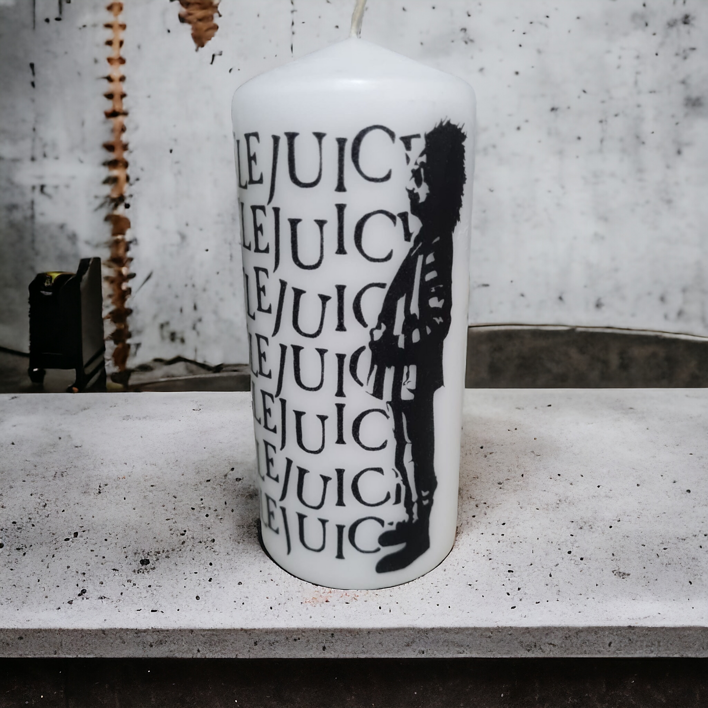 Handmade Beetlejuice-Inspired Themed Pillar Candle, Soy wax candle unscented