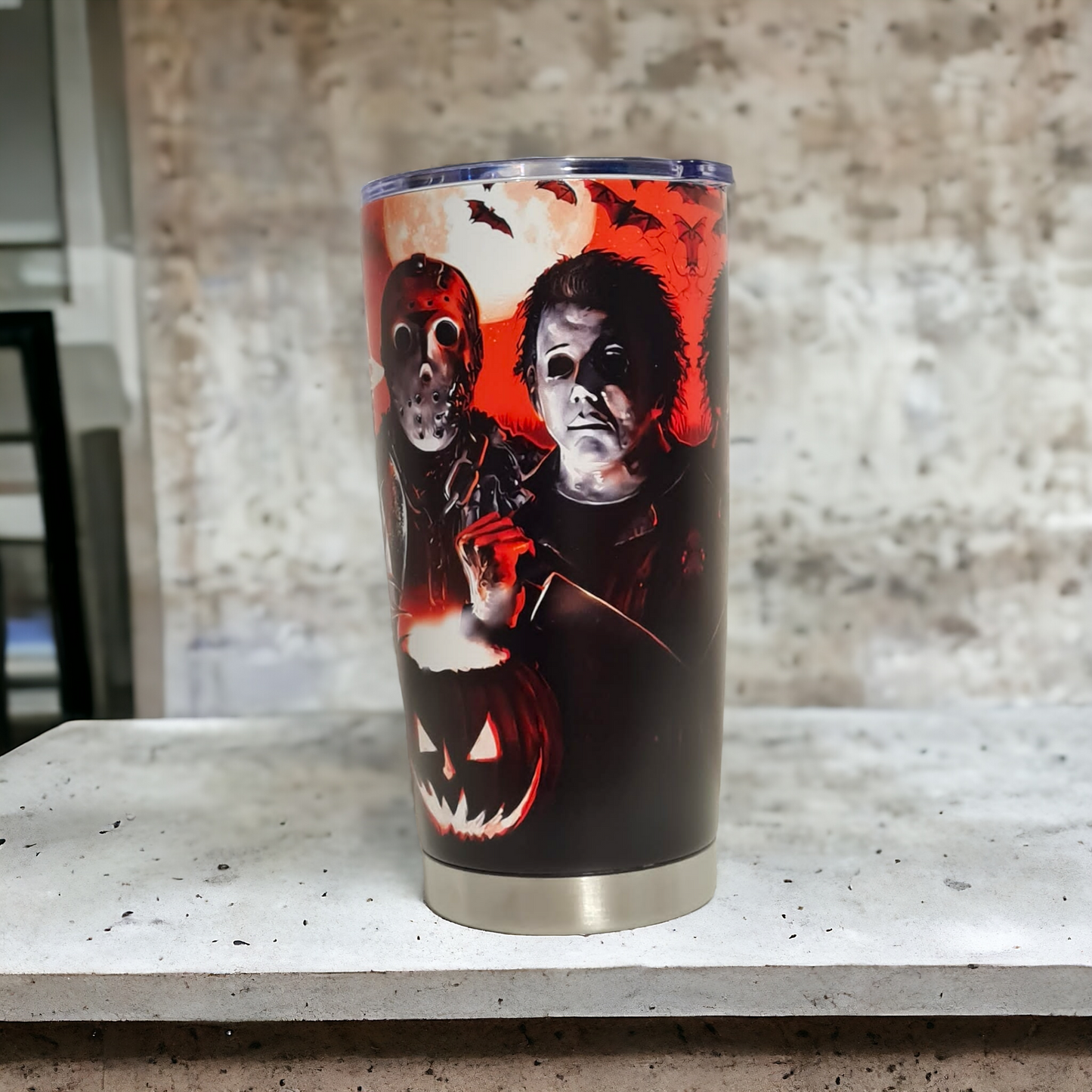 Horror with the Slasher Movie Character 20oz Stainless Steel Tumbler - a must-have for horror enthusiasts
