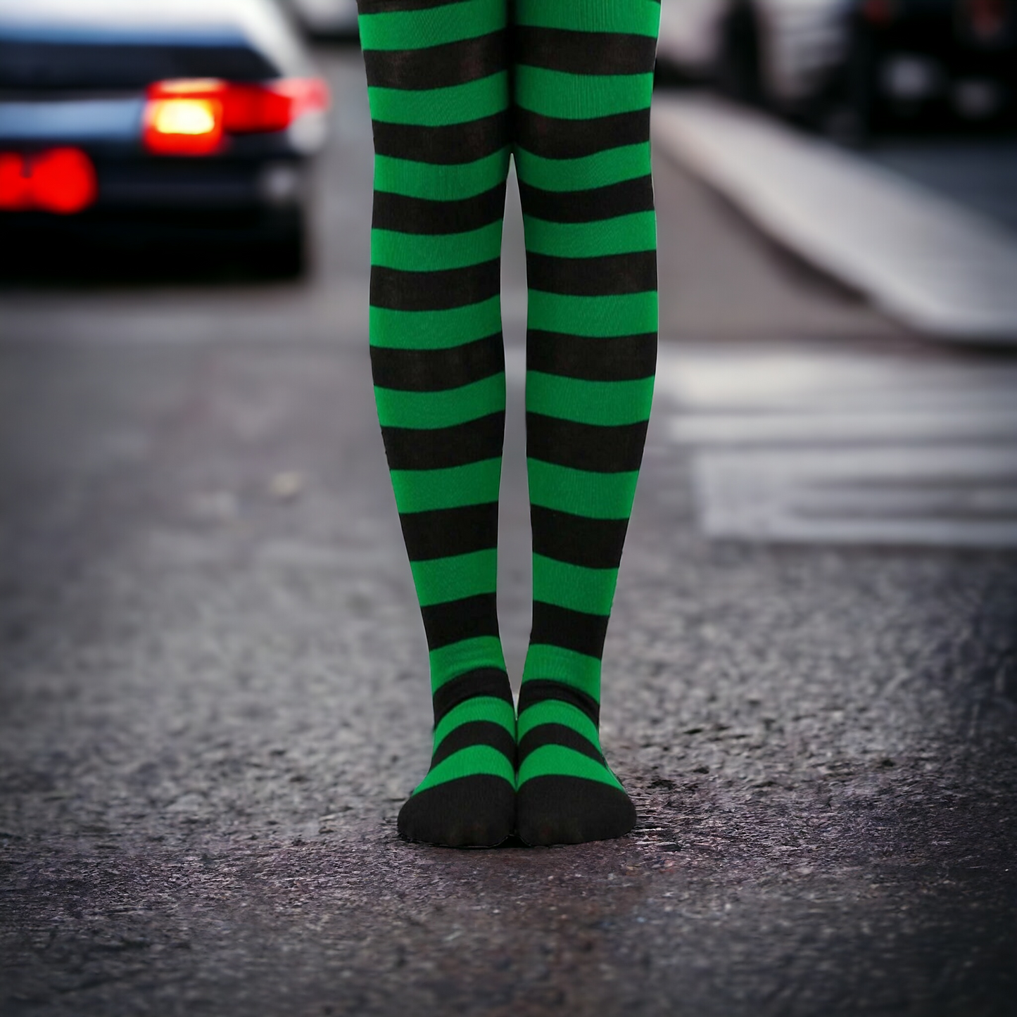 Green & Black Stripped Over The Knee Socks - Add Fun And Energetic Flair To Your Look