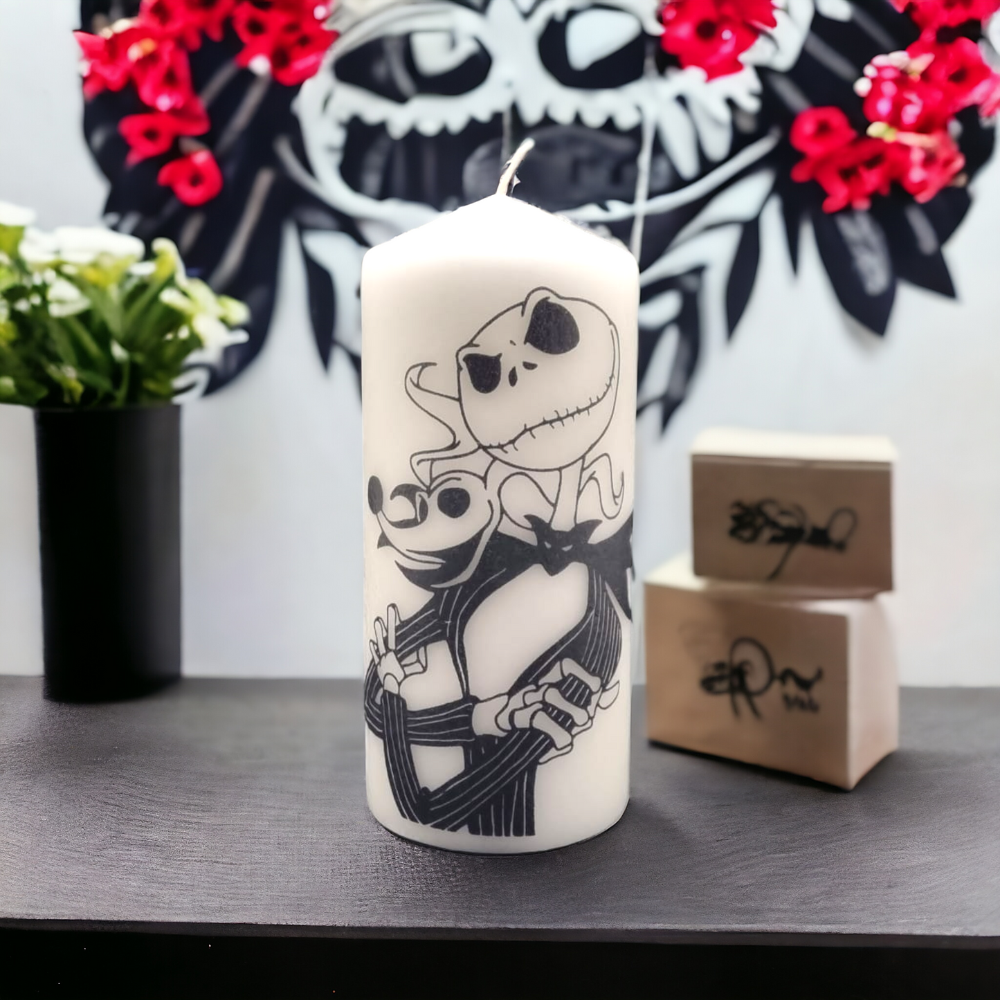 Handmade Jack Skellington And Zero Inspired Pillar Candle - Blending Spooky Elegance With Timeless Style.