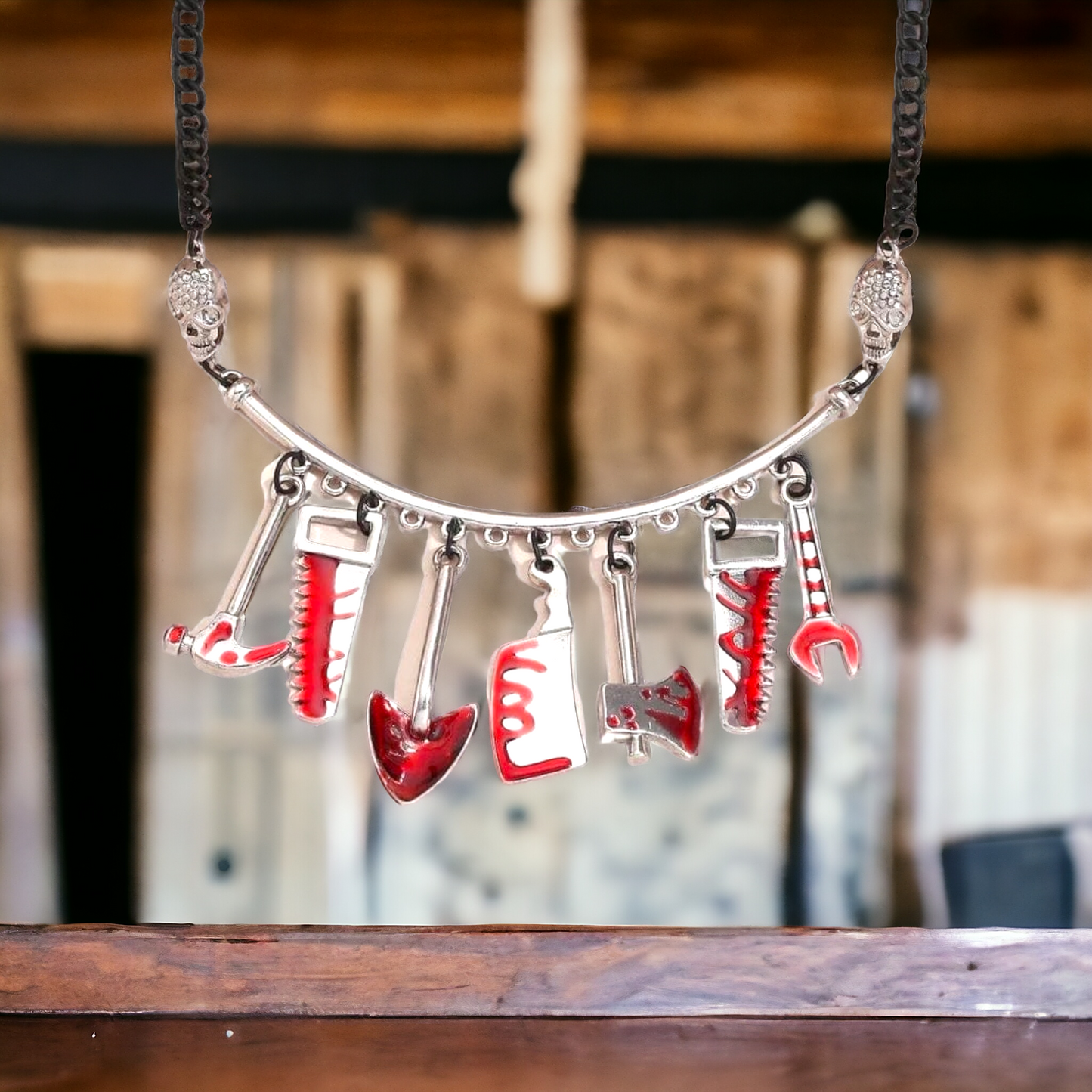 Hand Tools With Fake Blood Look Pendant Necklace Tailored For Horror Fans