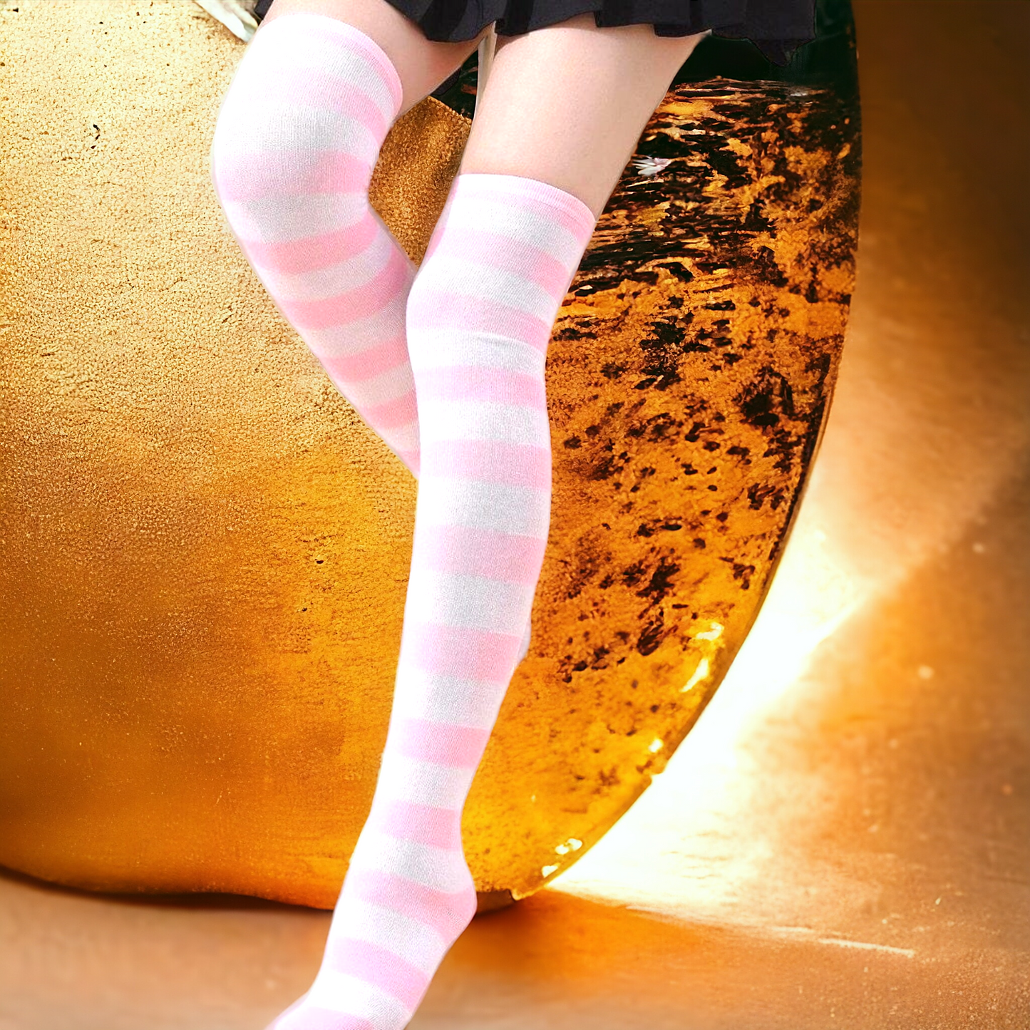 Add a Pop of Colour with Pink and White Striped Over-the-Knee Socks