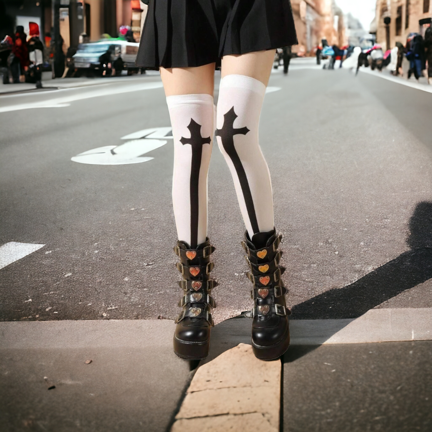 White Over-The-Knee Socks with Black Cross Pattern - A Gothic Edge To Your Outfit
