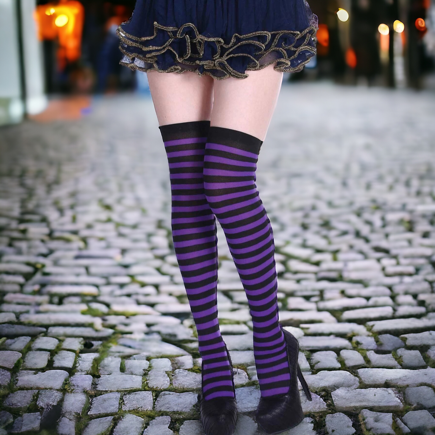 Elevate Your Alternative Style with Purple and Black Striped Over-the-Knee Socks