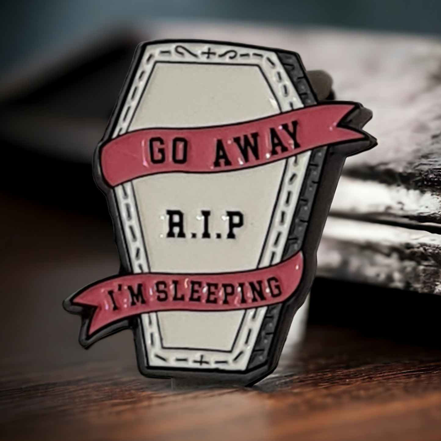 "Go Away I'm Sleeping" Coffin Badge – Perfect for Gothic and Alternative Style
