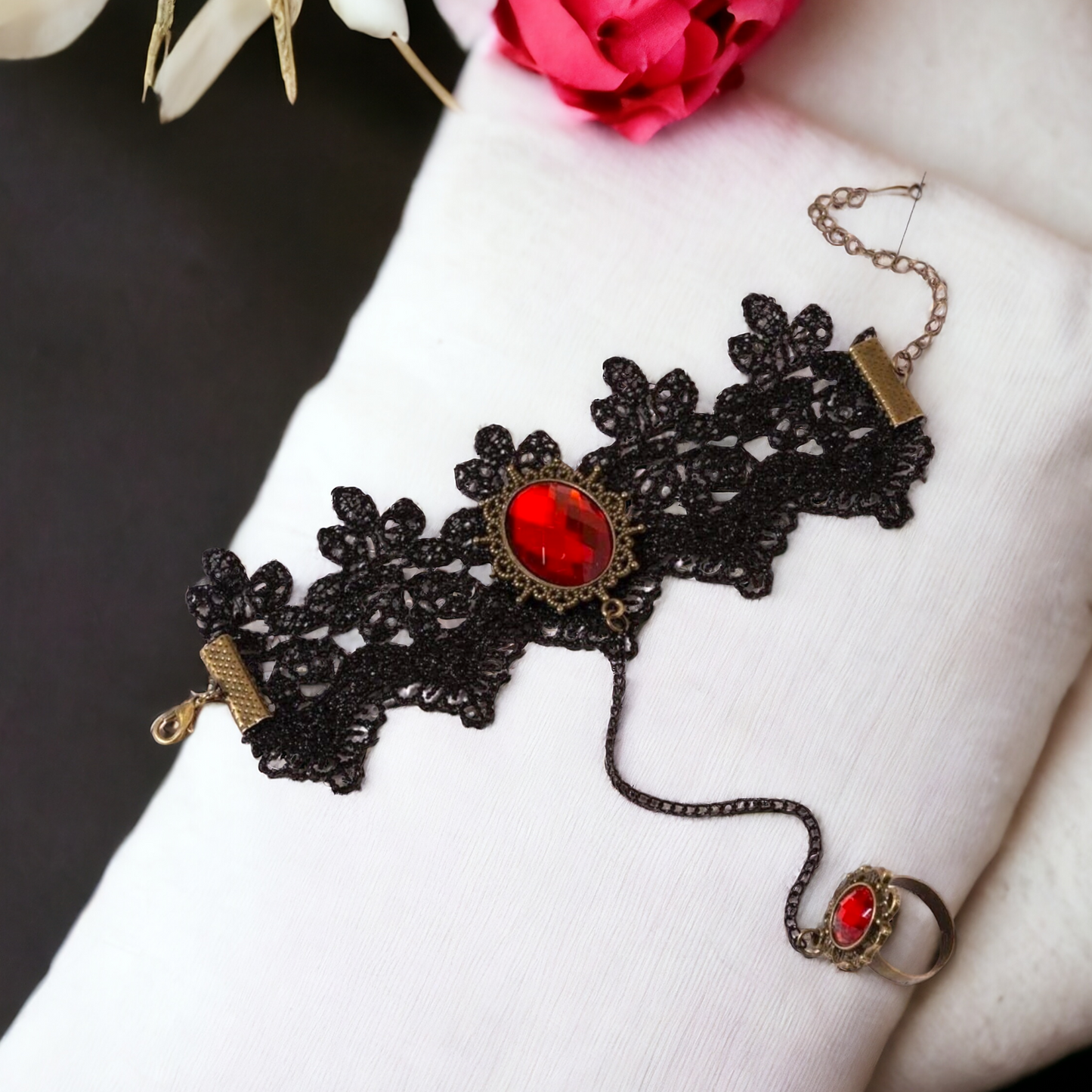 Gemstone Lace Bracelet with Cuff Ring – A Timeless Statement of Elegance