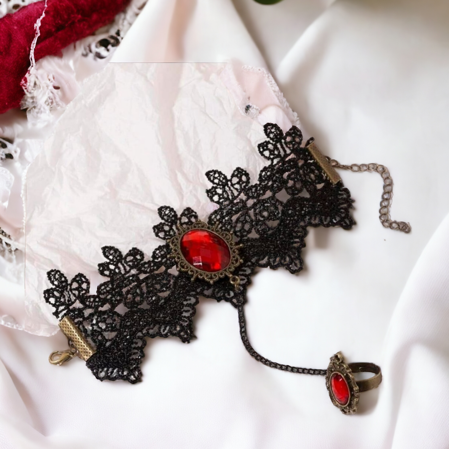 Gemstone Lace Bracelet with Cuff Ring – A Timeless Statement of Elegance