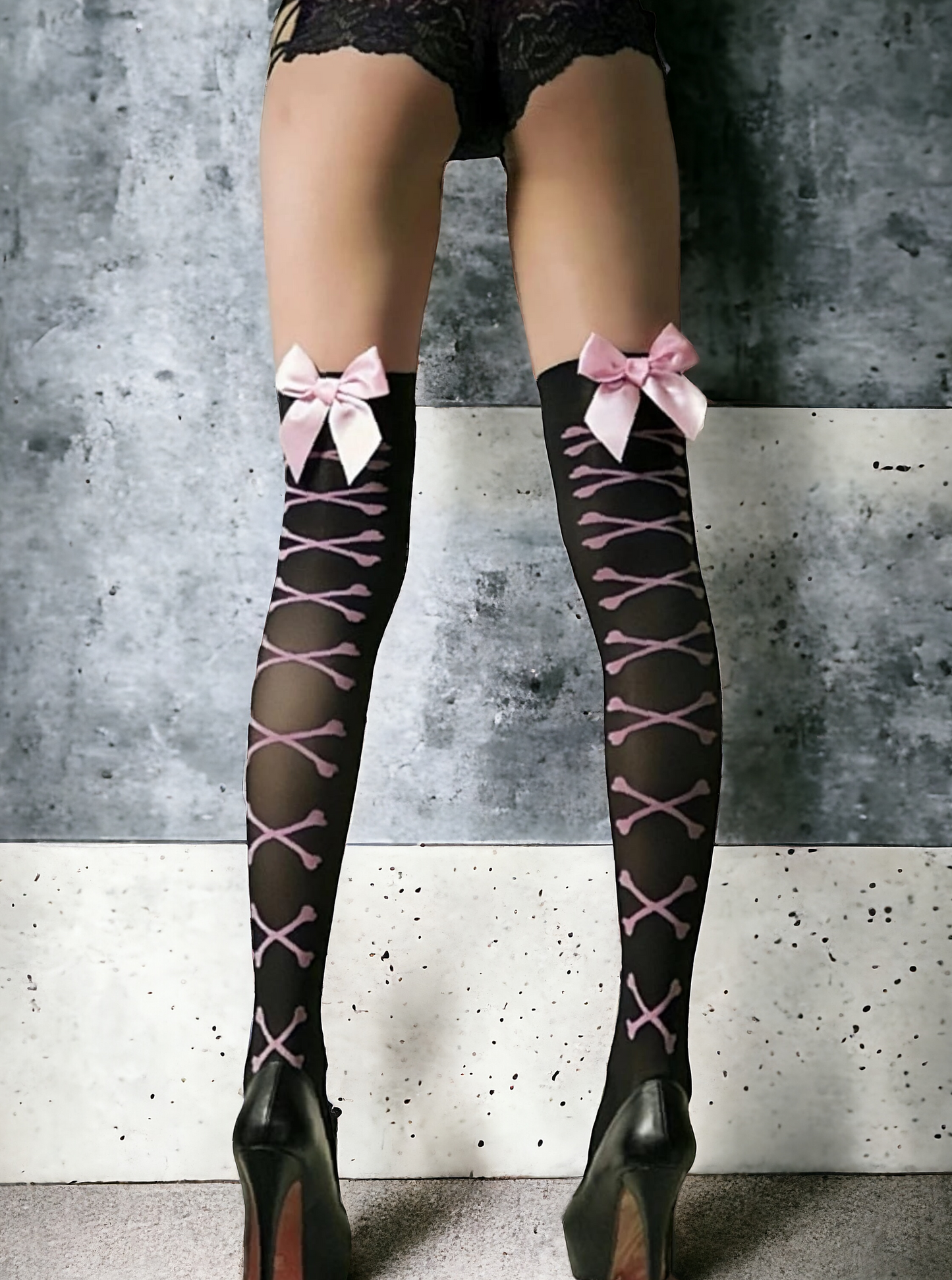 Pink Bow and Bones Over-the-Knee Socks - kawaii-Inspired Outfits