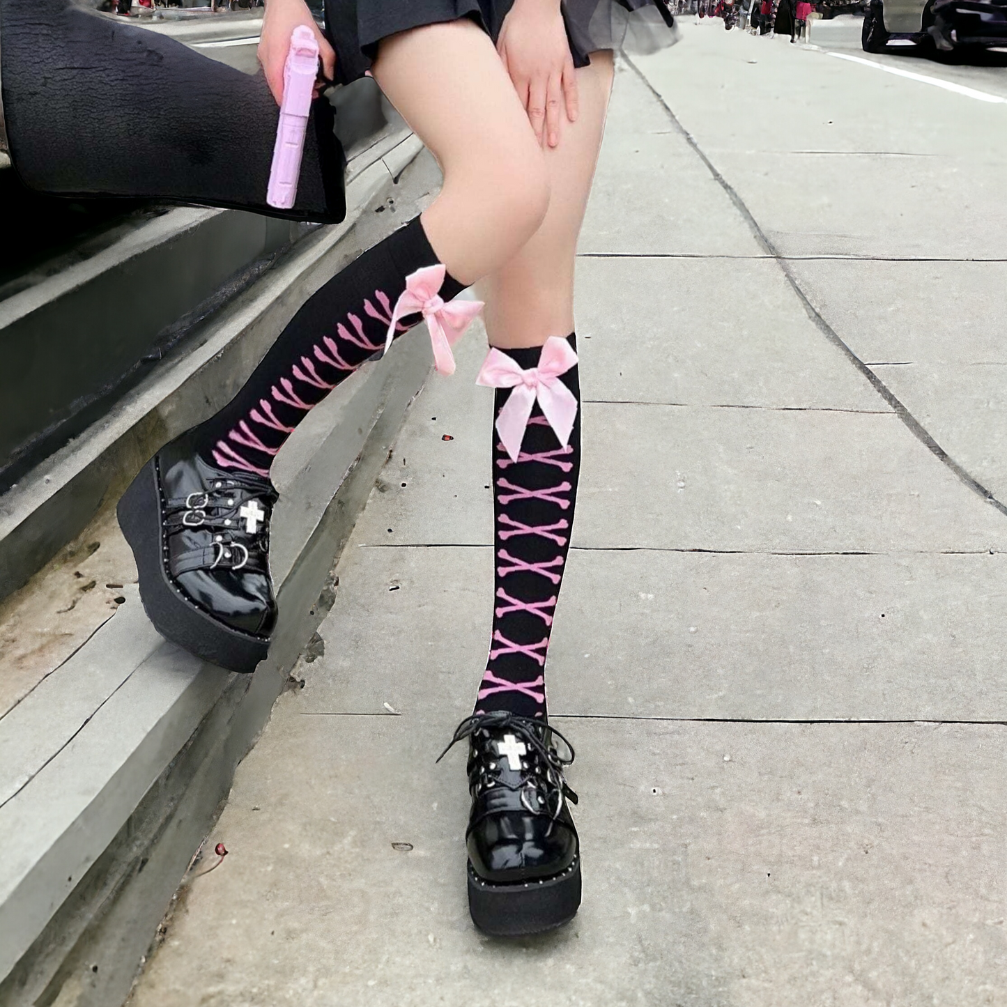 Pink Bow and Bones Over-the-Knee Socks - kawaii-Inspired Outfits