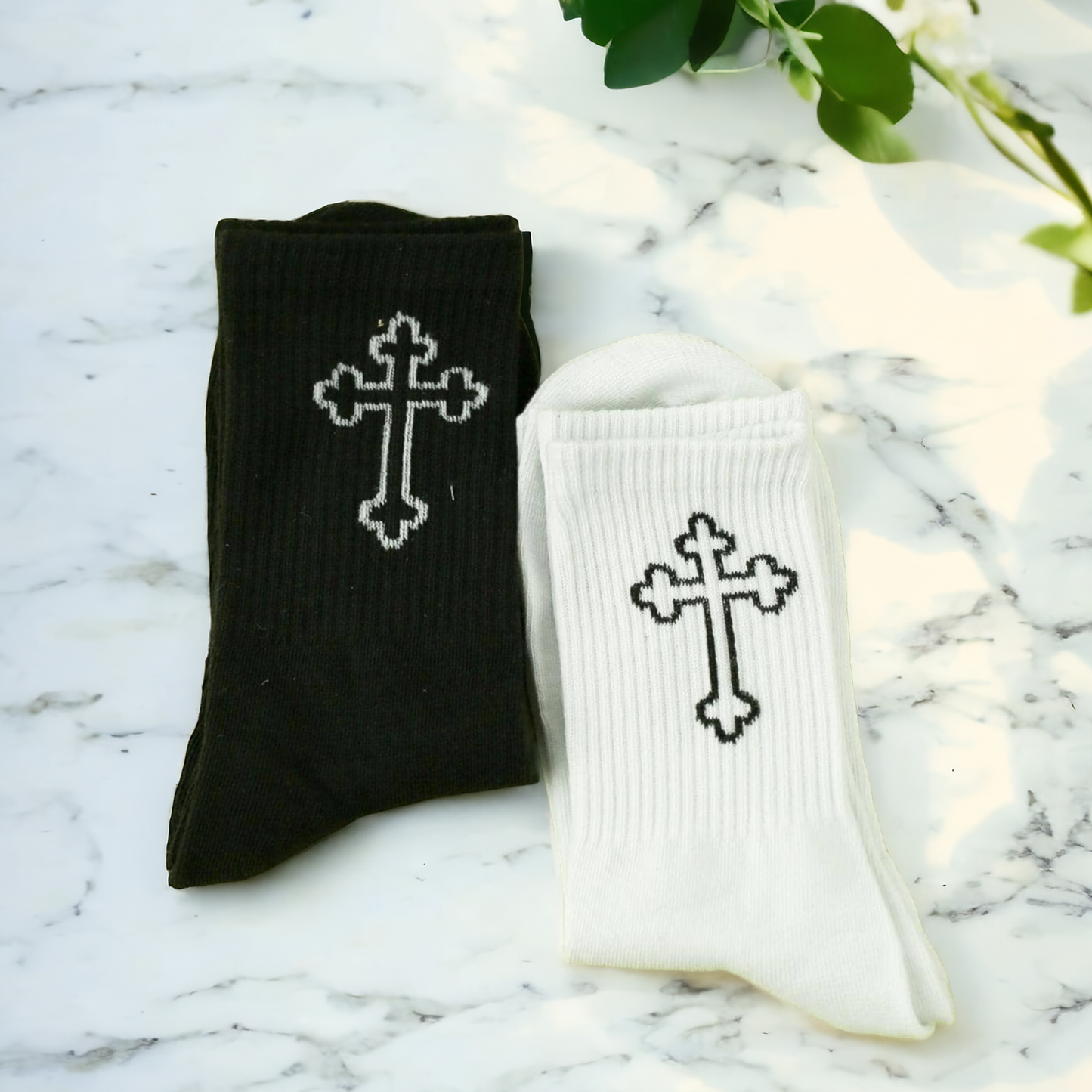 2 Pairs Cross Pattern Gothic Crew Socks – Dark Elegance for Every Step