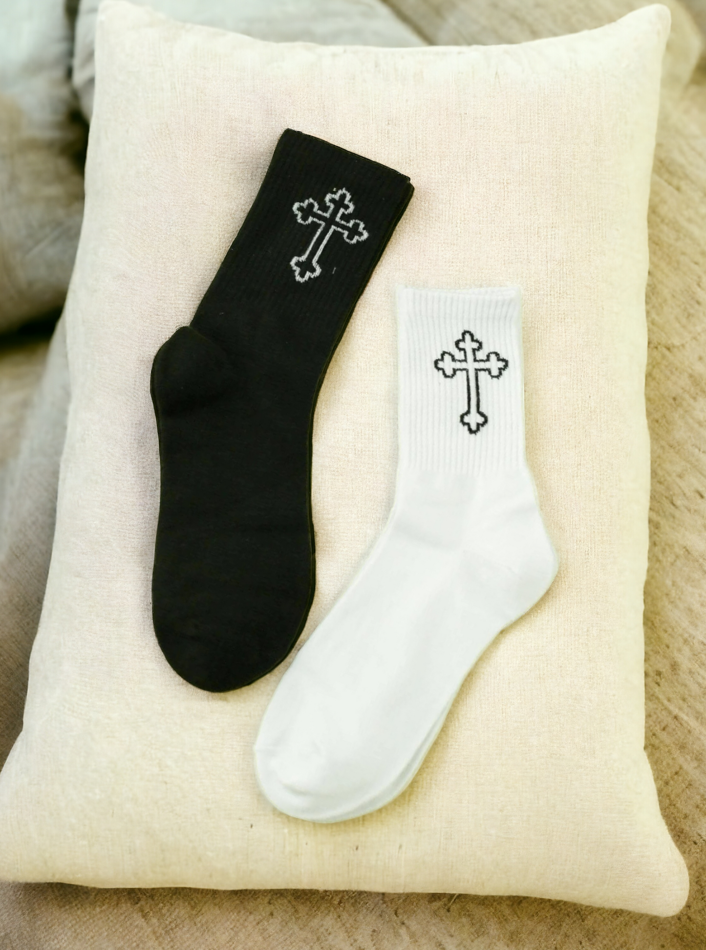 2 Pairs Cross Pattern Gothic Crew Socks – Dark Elegance for Every Step