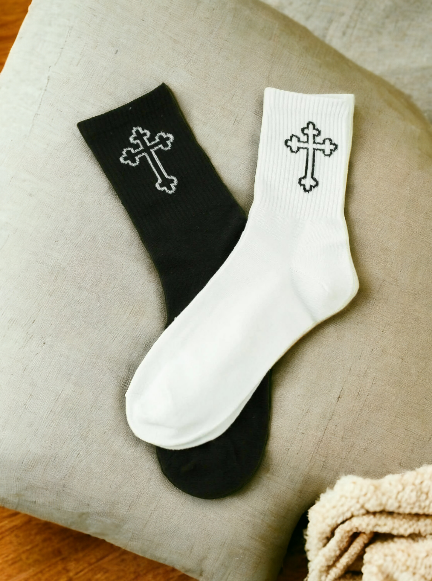 2 Pairs Cross Pattern Gothic Crew Socks – Dark Elegance for Every Step
