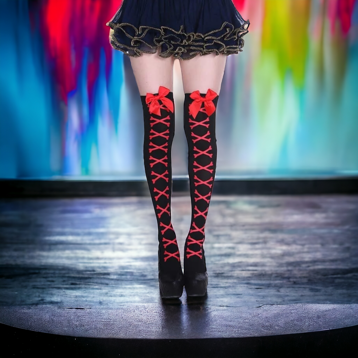 Red Bow and Bones Over-the-Knee Socks - kawaii-Inspired Outfits
