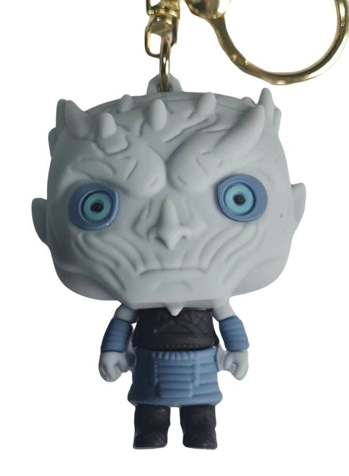 A silicone Night King keyring with icy blue eyes and a crown of horns, inspired by the Game of Thrones white walker leader, attached to a keychain ring.