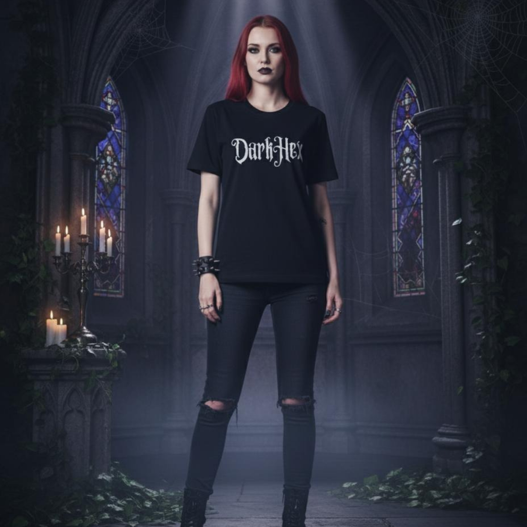 Person wearing a black 'DarkHelix' t-shirt in a gothic setting with stained glass windows.