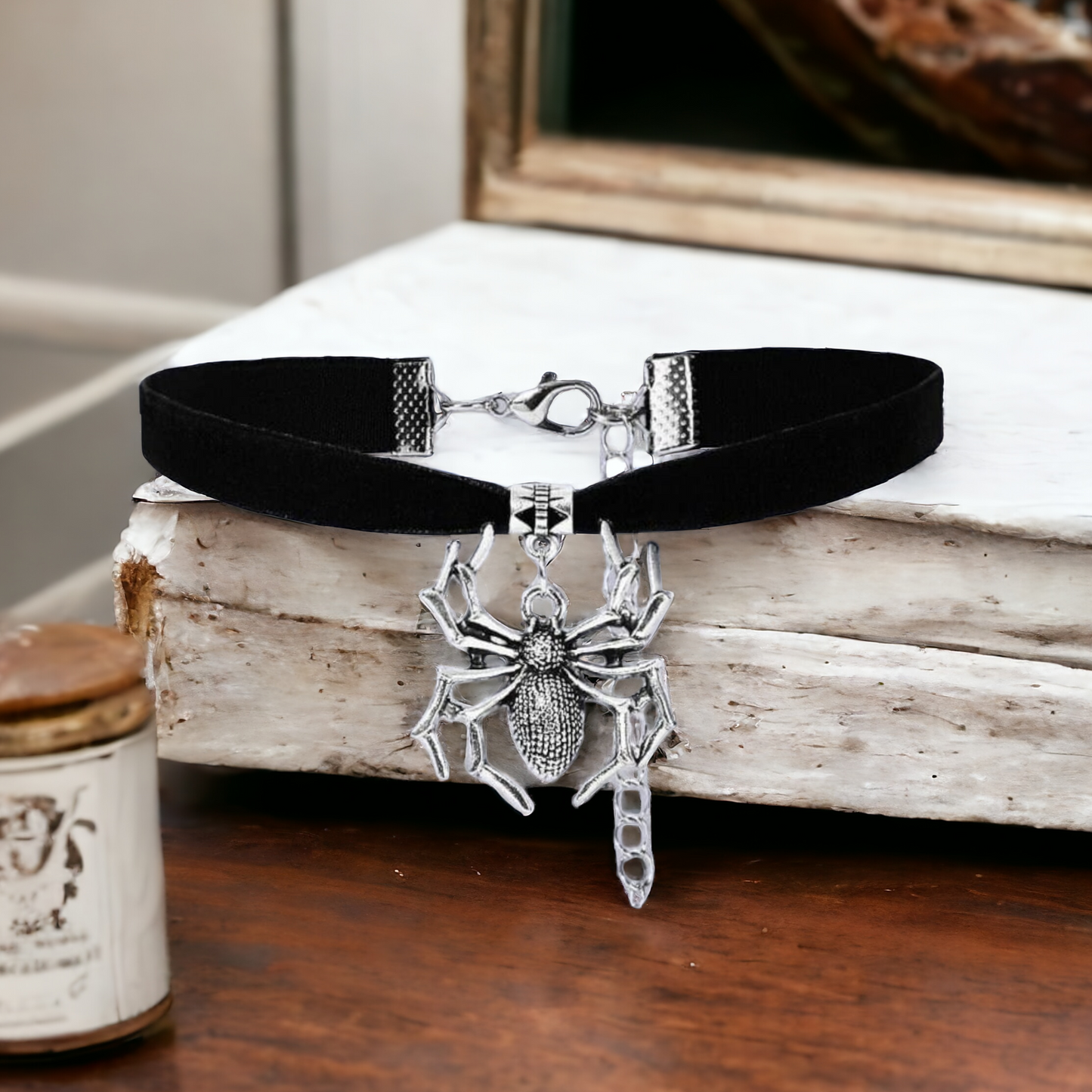 Gothic black velvet choker with Spider pendant