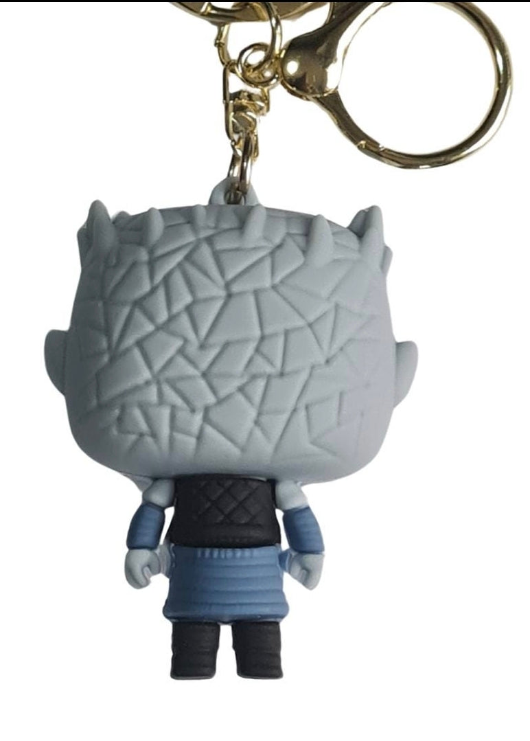 A metallic Night King keyring with icy blue eyes and a crown of horns, inspired by the Game of Thrones white walker leader, attached to a keychain ring.