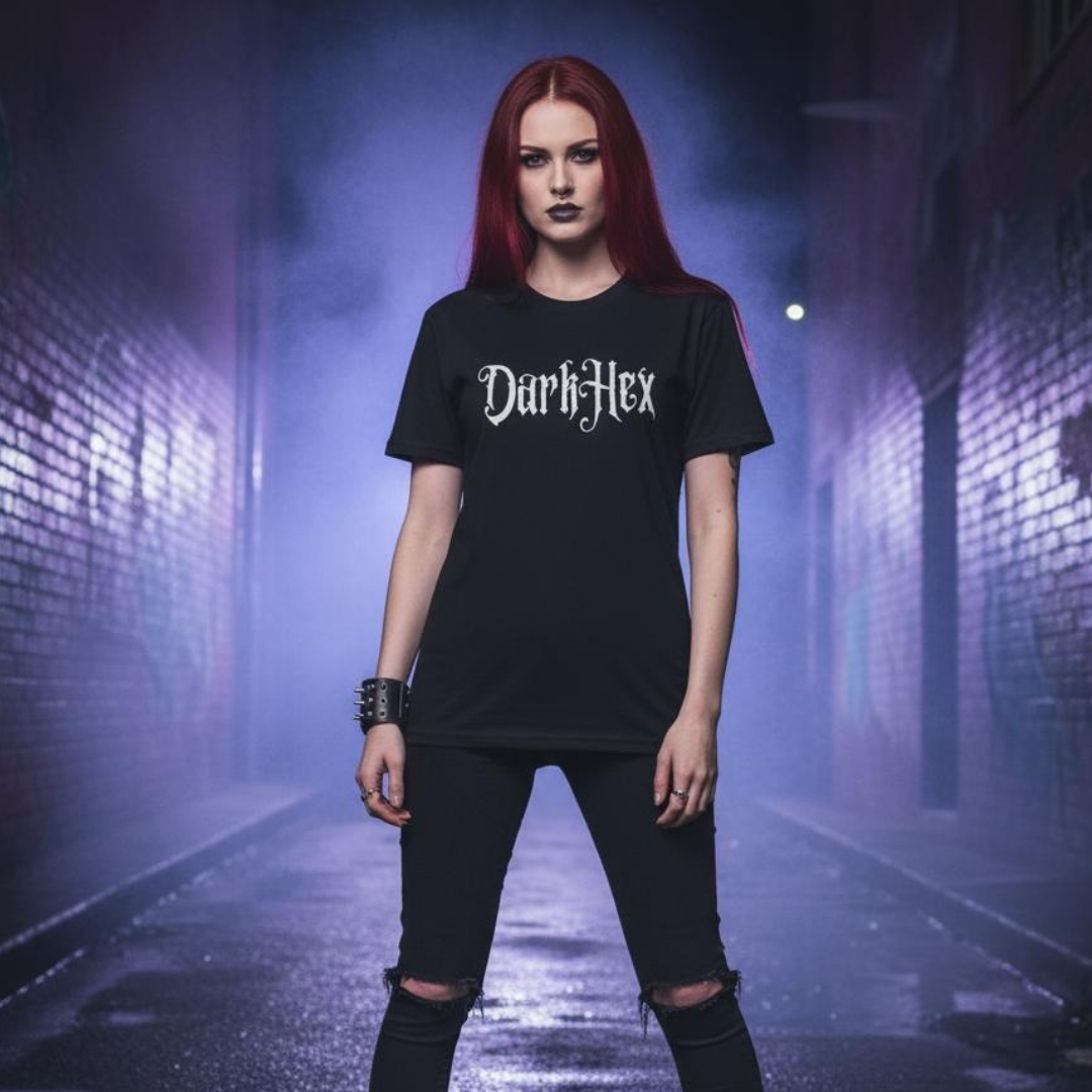 Person wearing a black t-shirt with 'DarkHex' text in a futuristic corridor.