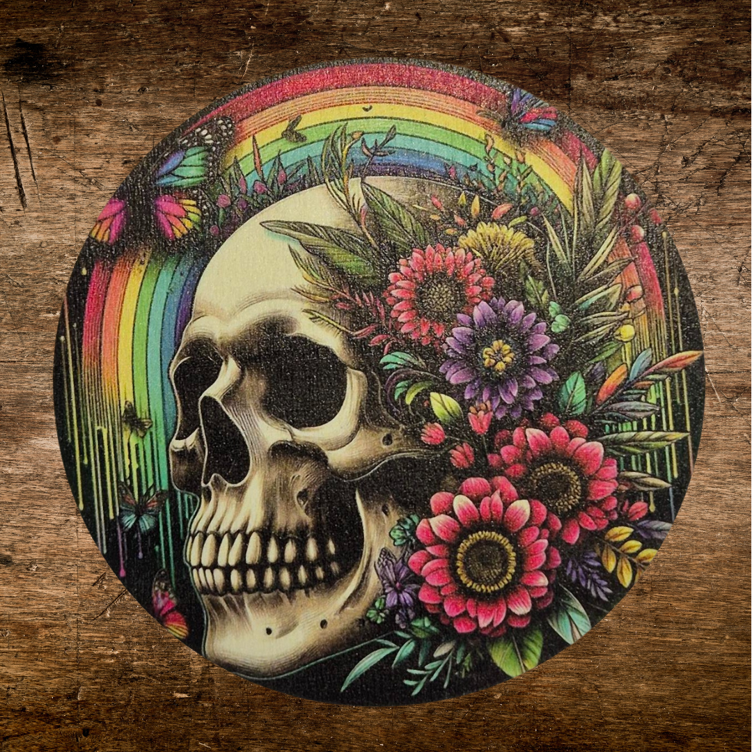 beautiful skull and roses print wooden coaster