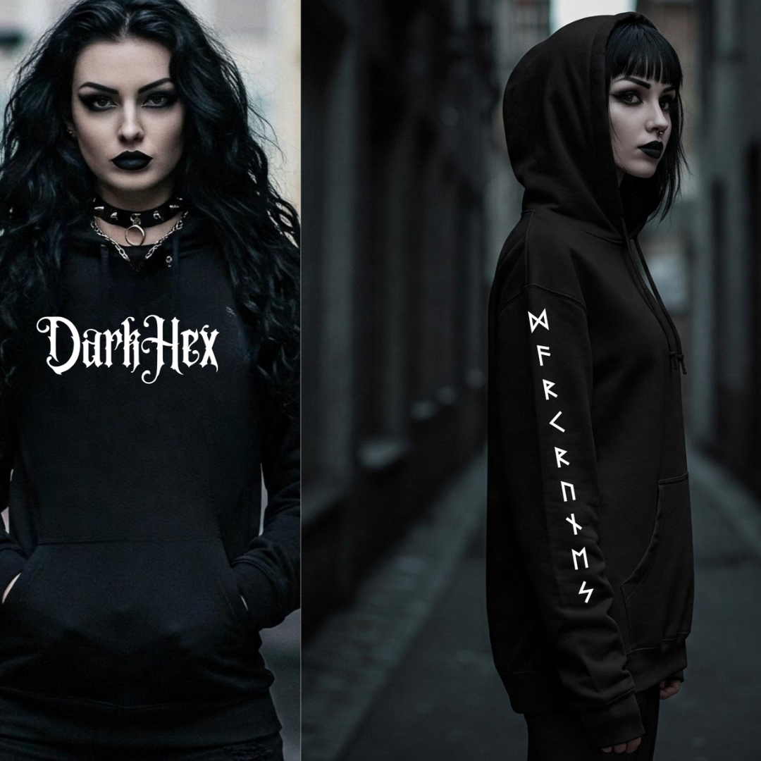 a black hoodie with 'Dark Hex' text and rune designs. gothic and alternative streetwear