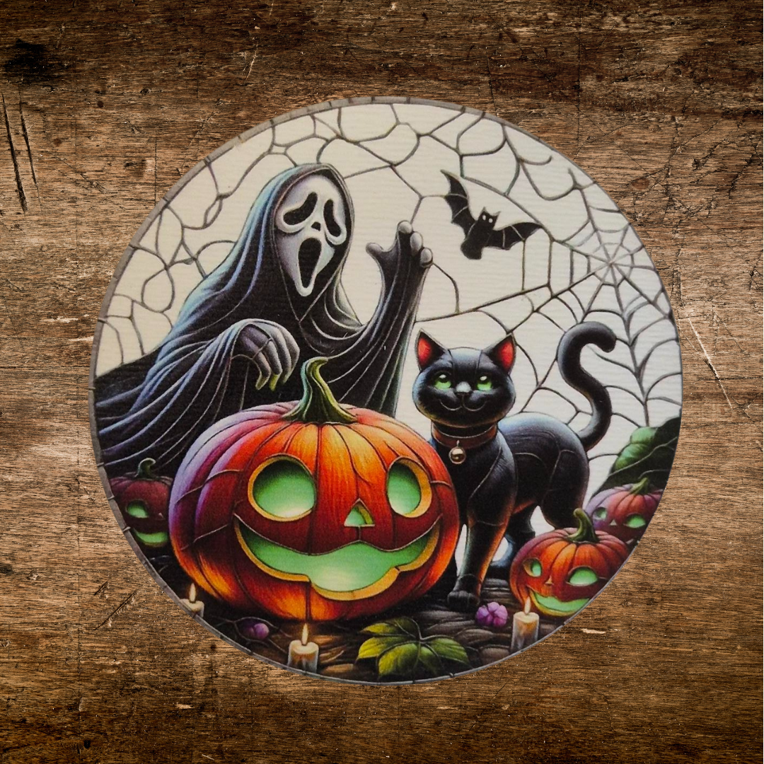 ghost and pumpkin coaster