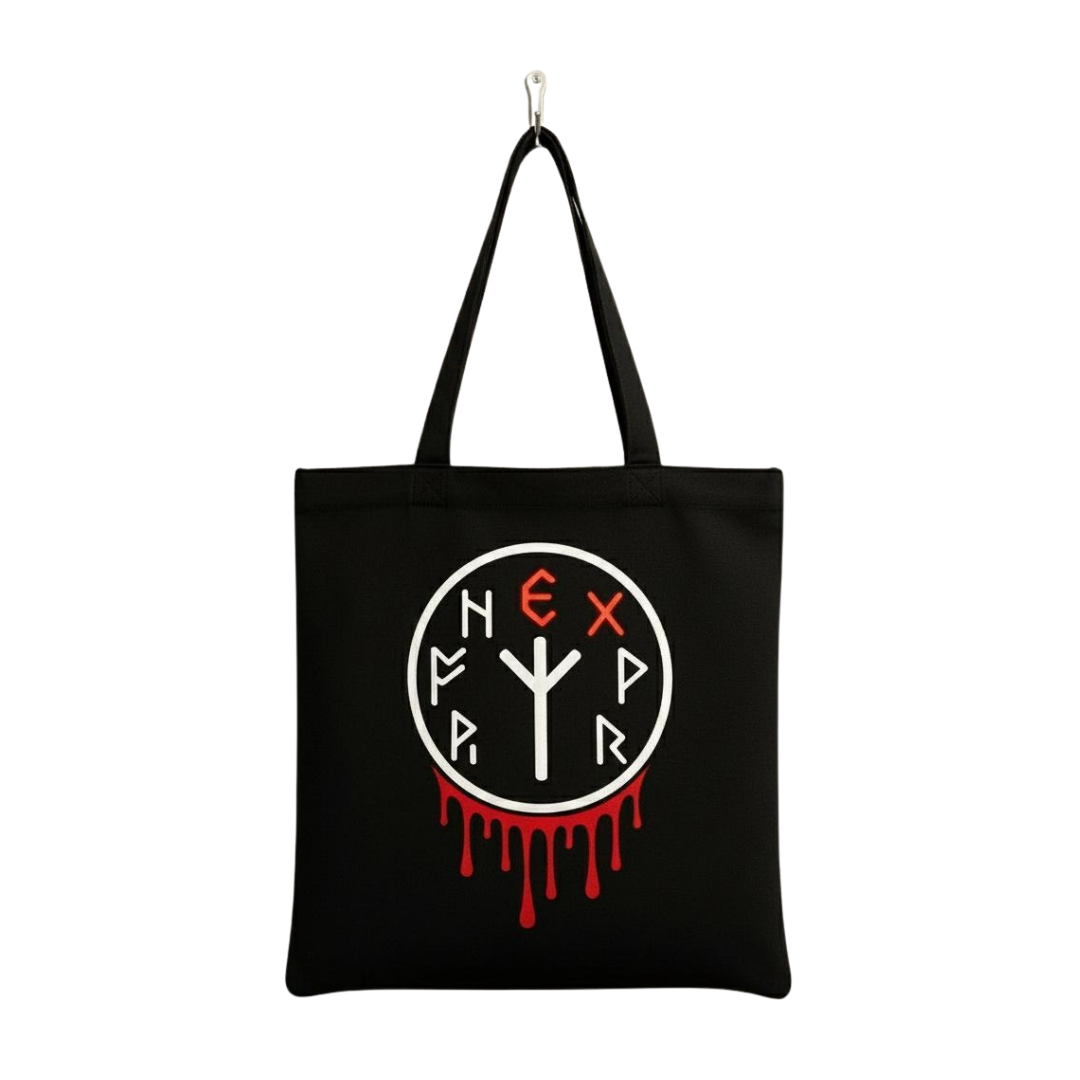 Black tote bag with a white and red logo on a white background