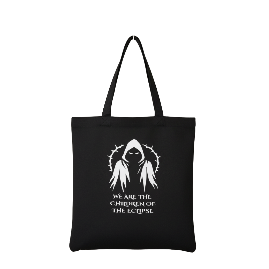Black tote bag with white graphic and text on a white background