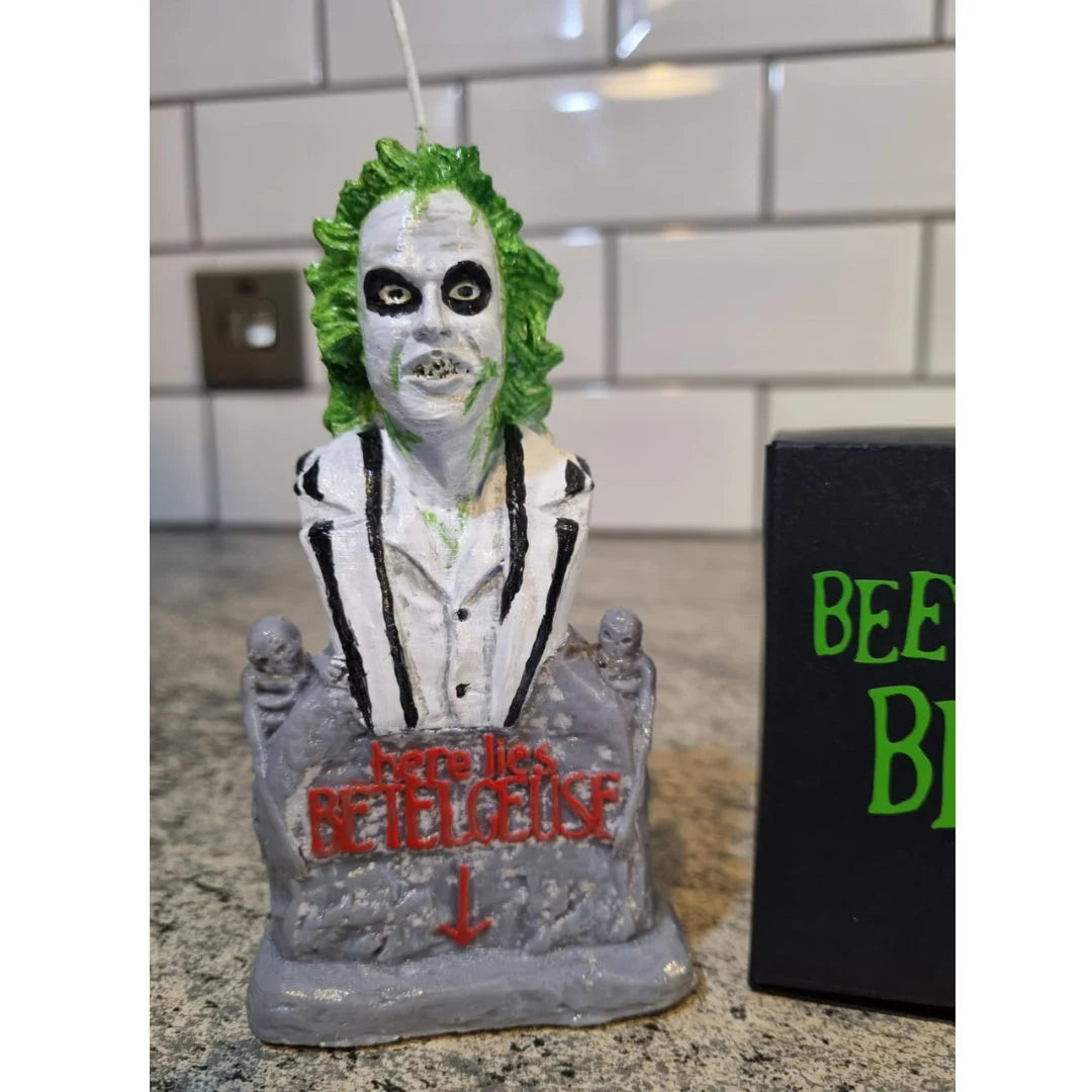 Handmade Hand painted Beetlejuice Character Inspired Unscented Soy Wax Pillar Candle