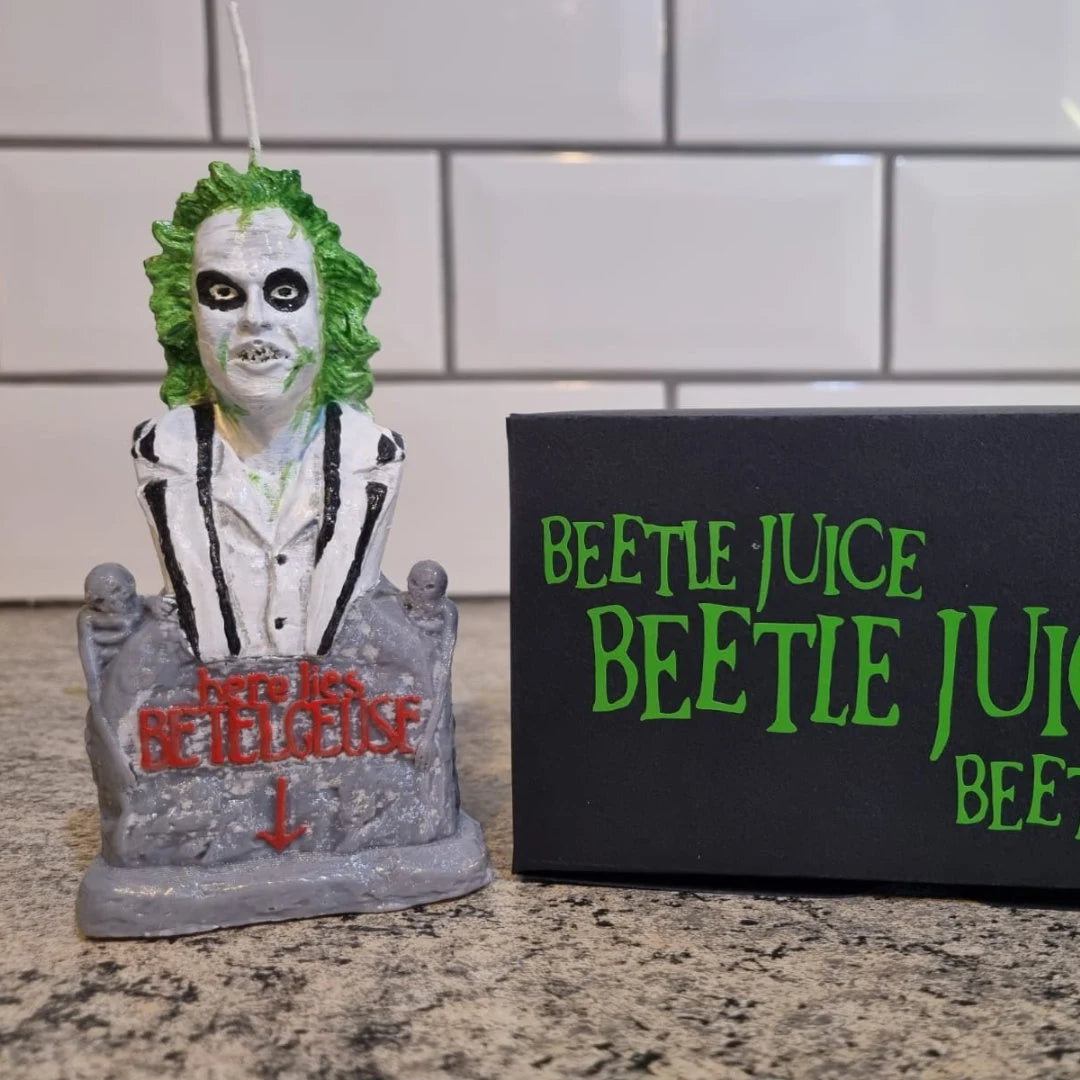Handmade Hand painted Beetlejuice Character Inspired Unscented Soy Wax Pillar Candle