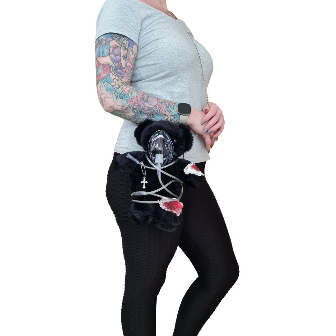 Handmade Alternative Black Teddy Bag With A Unique Oxygen Mask Design Tailored For Alternative Fashion And Horror Fans
