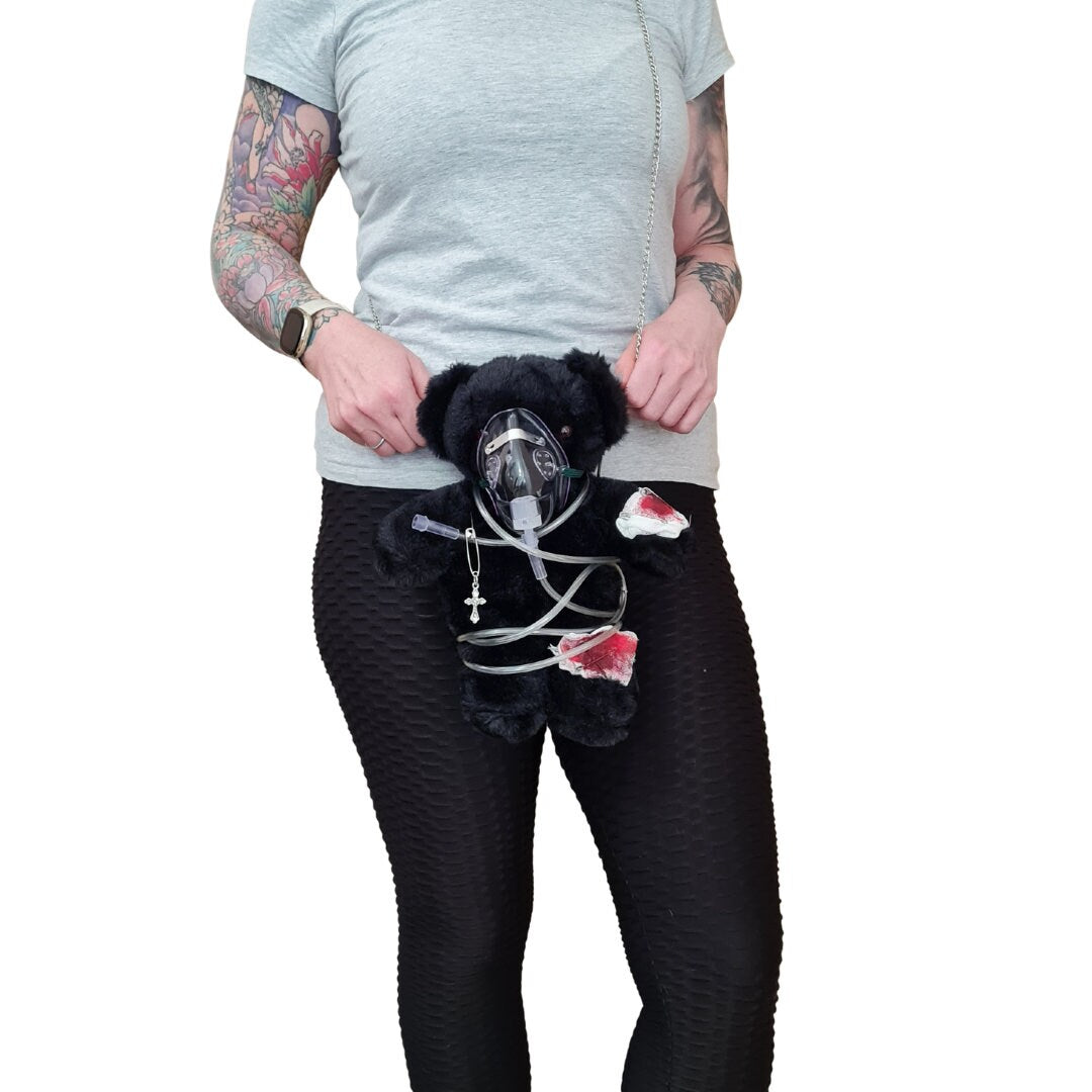 Handmade Alternative Black Teddy Bag With A Unique Oxygen Mask Design Tailored For Alternative Fashion And Horror Fans