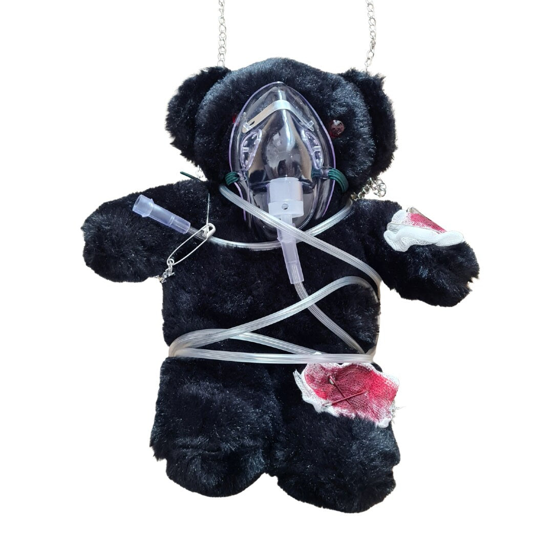 Handmade Alternative Black Teddy Bag With A Unique Oxygen Mask Design Tailored For Alternative Fashion And Horror Fans