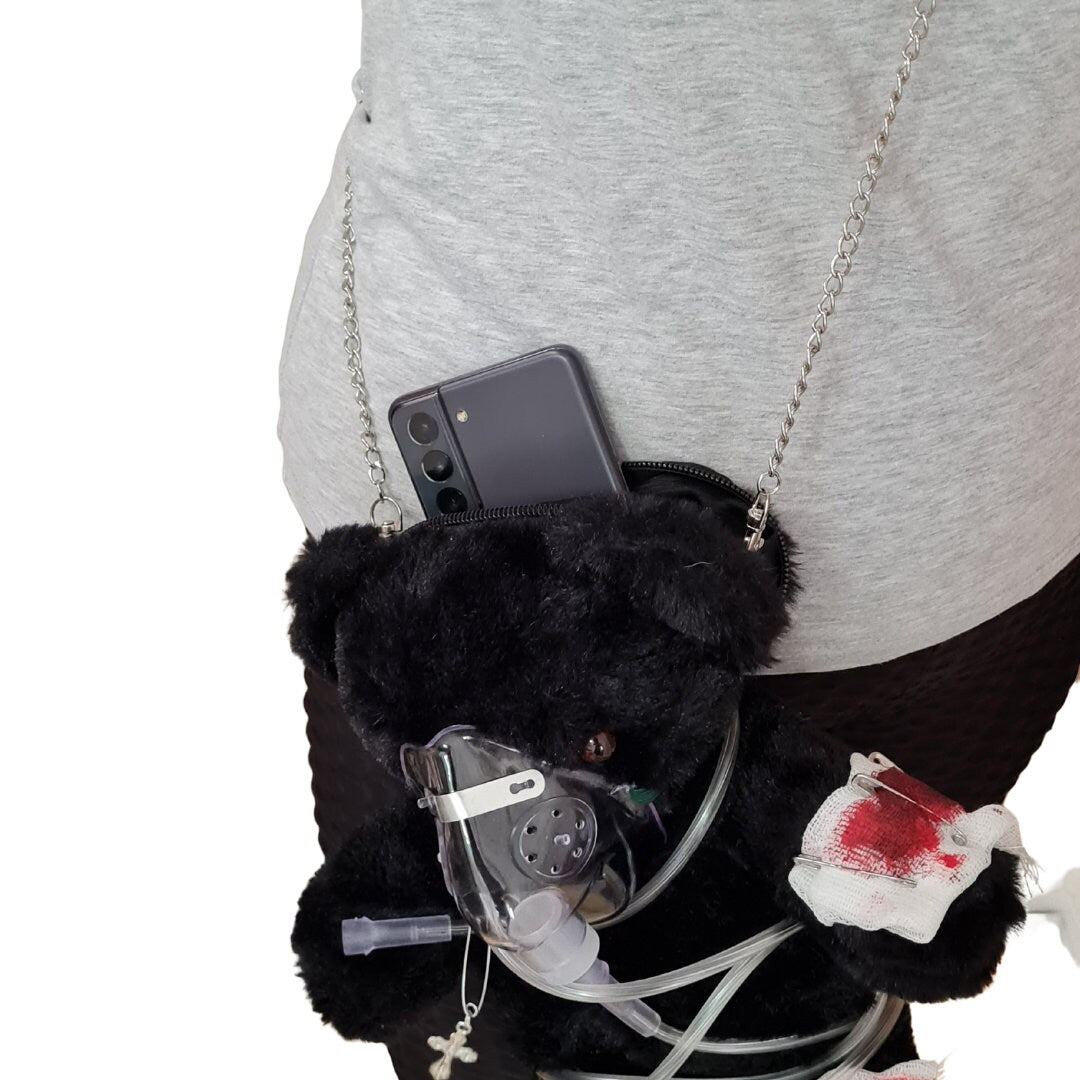 Handmade Alternative Black Teddy Bag With A Unique Oxygen Mask Design Tailored For Alternative Fashion And Horror Fans