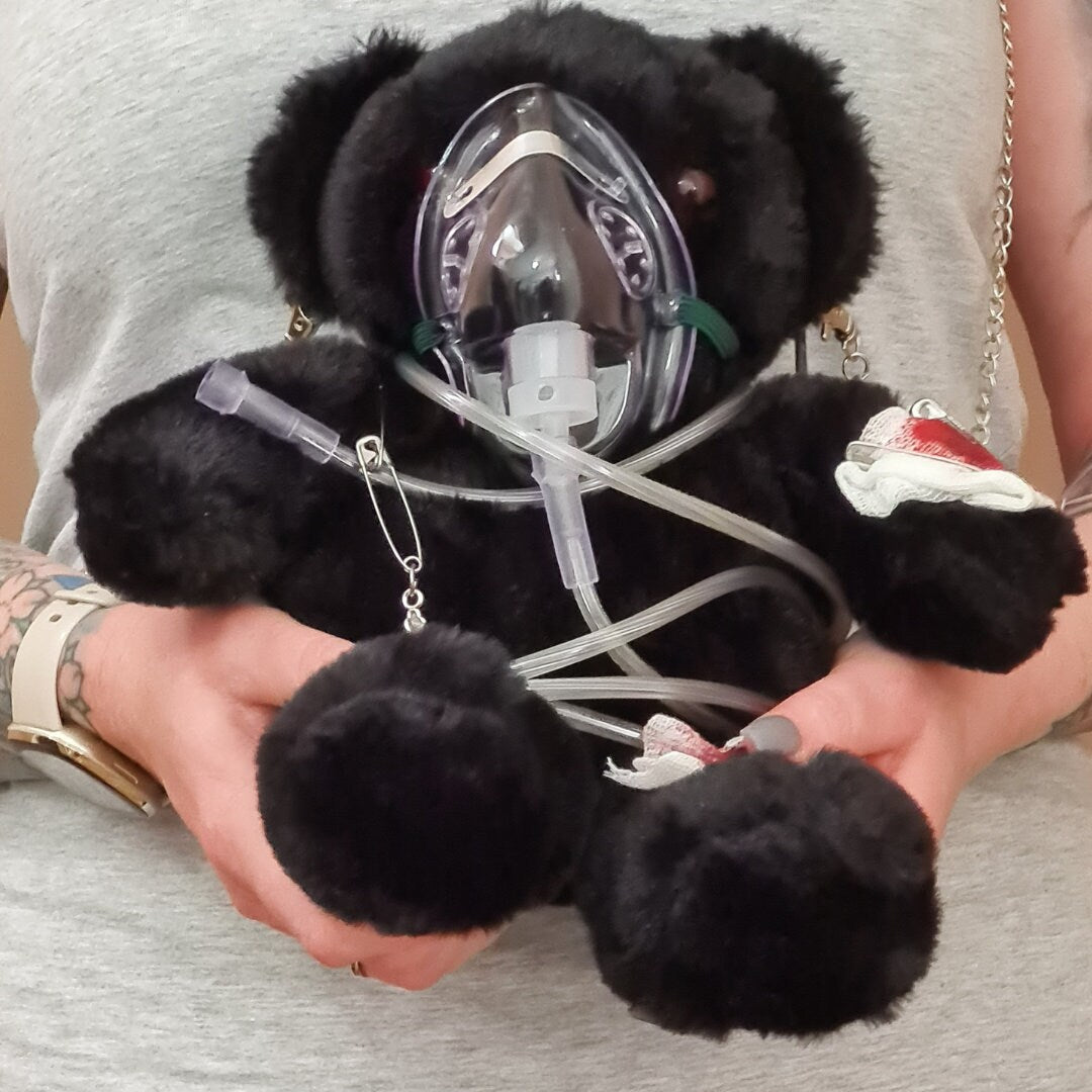 Handmade Alternative Black Teddy Bag With A Unique Oxygen Mask Design Tailored For Alternative Fashion And Horror Fans