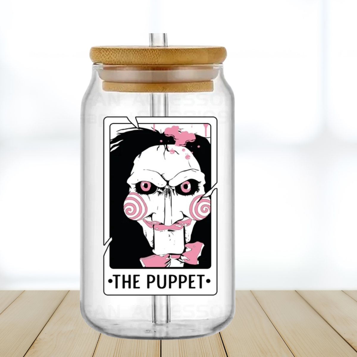 puppet Libby glass featuring jigsaw pink and white card style
