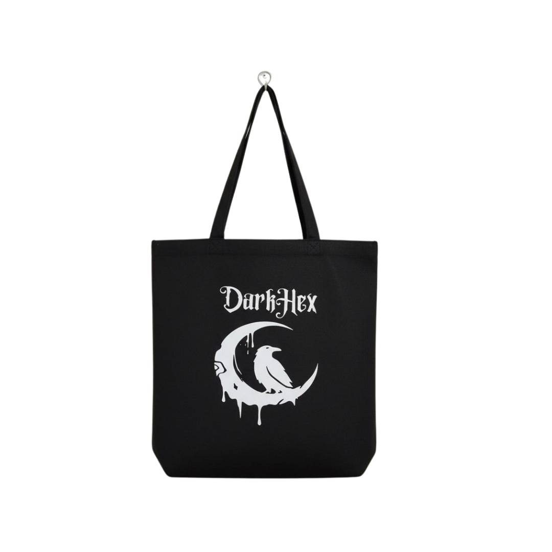 Black tote bag with white 'Dark Hex' logo featuring a moon and bird on a white background