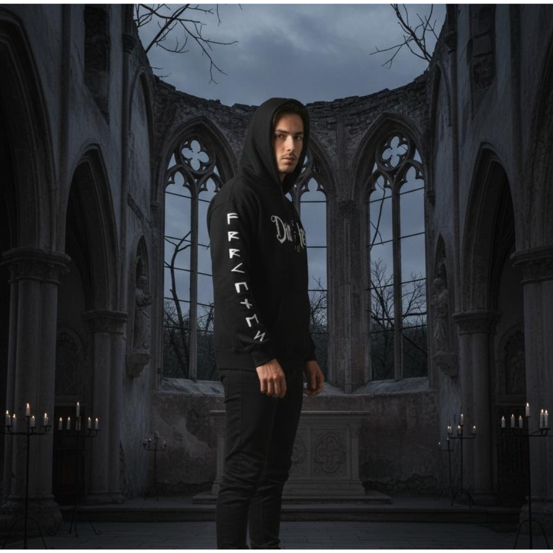 Person wearing a black hoodie with text in an abandoned cathedral setting with runes on the sleeve