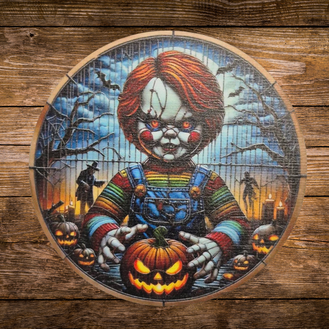chucky print wooden coaster