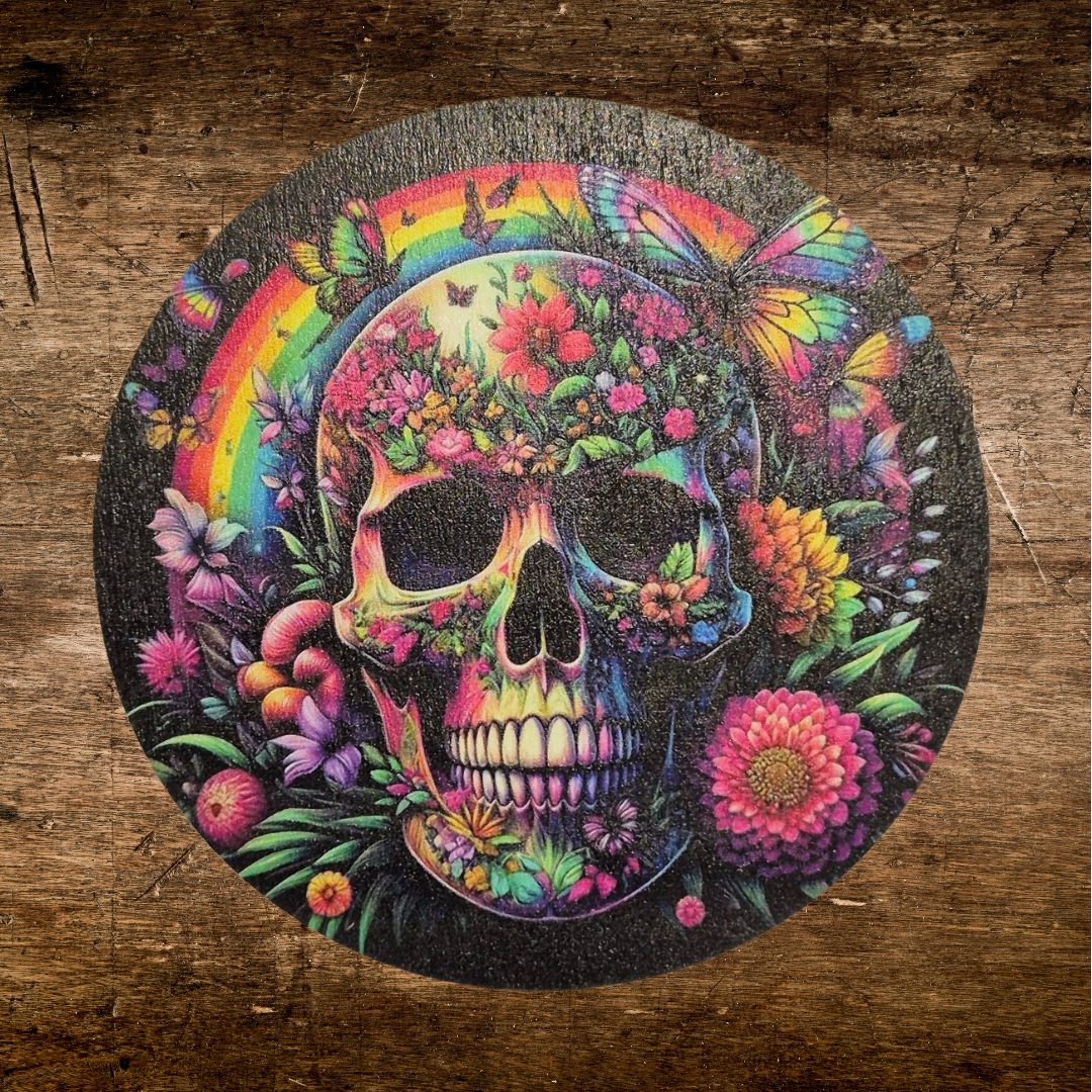 scary skull and roses print wooden coaster