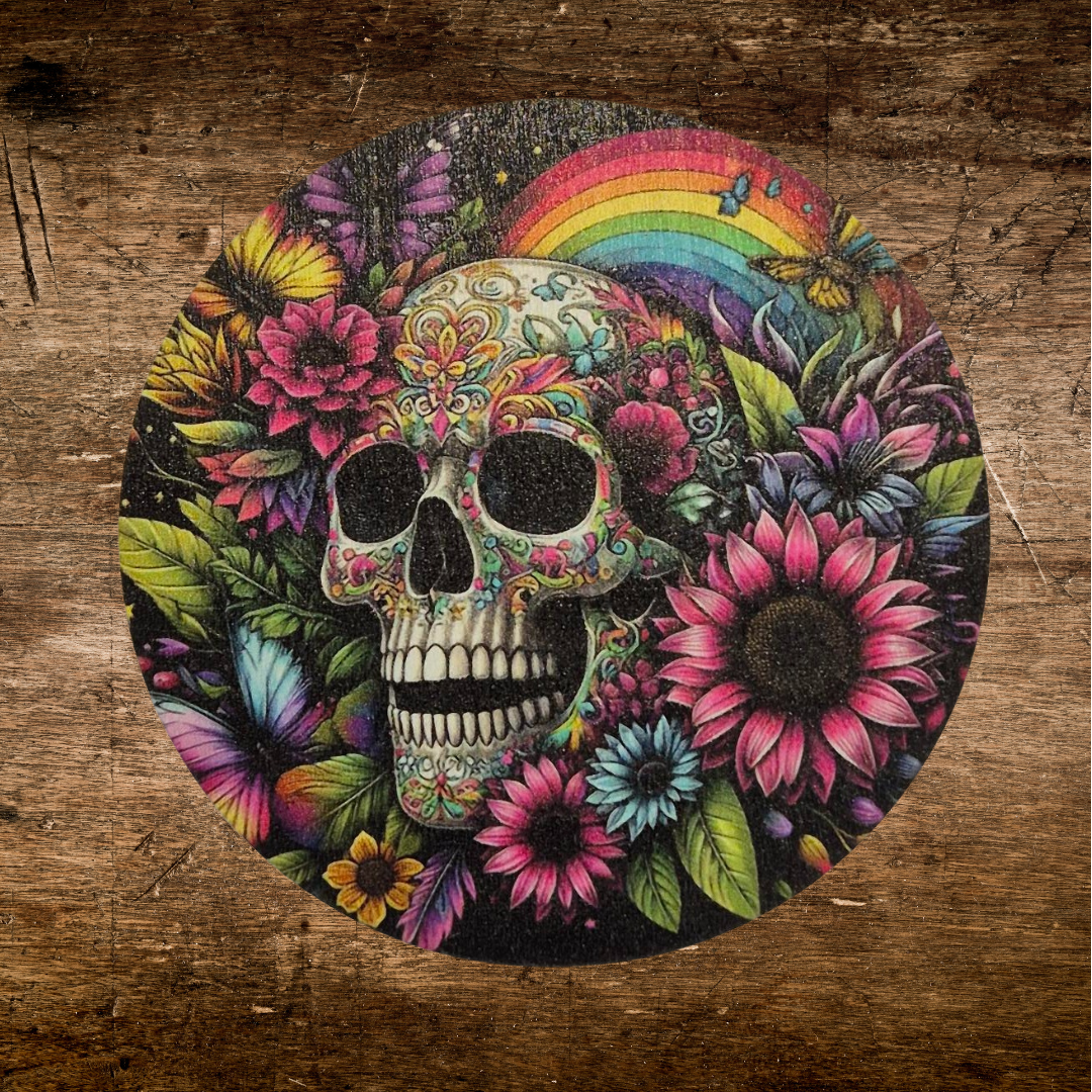 scary skull and roses print wooden coaster