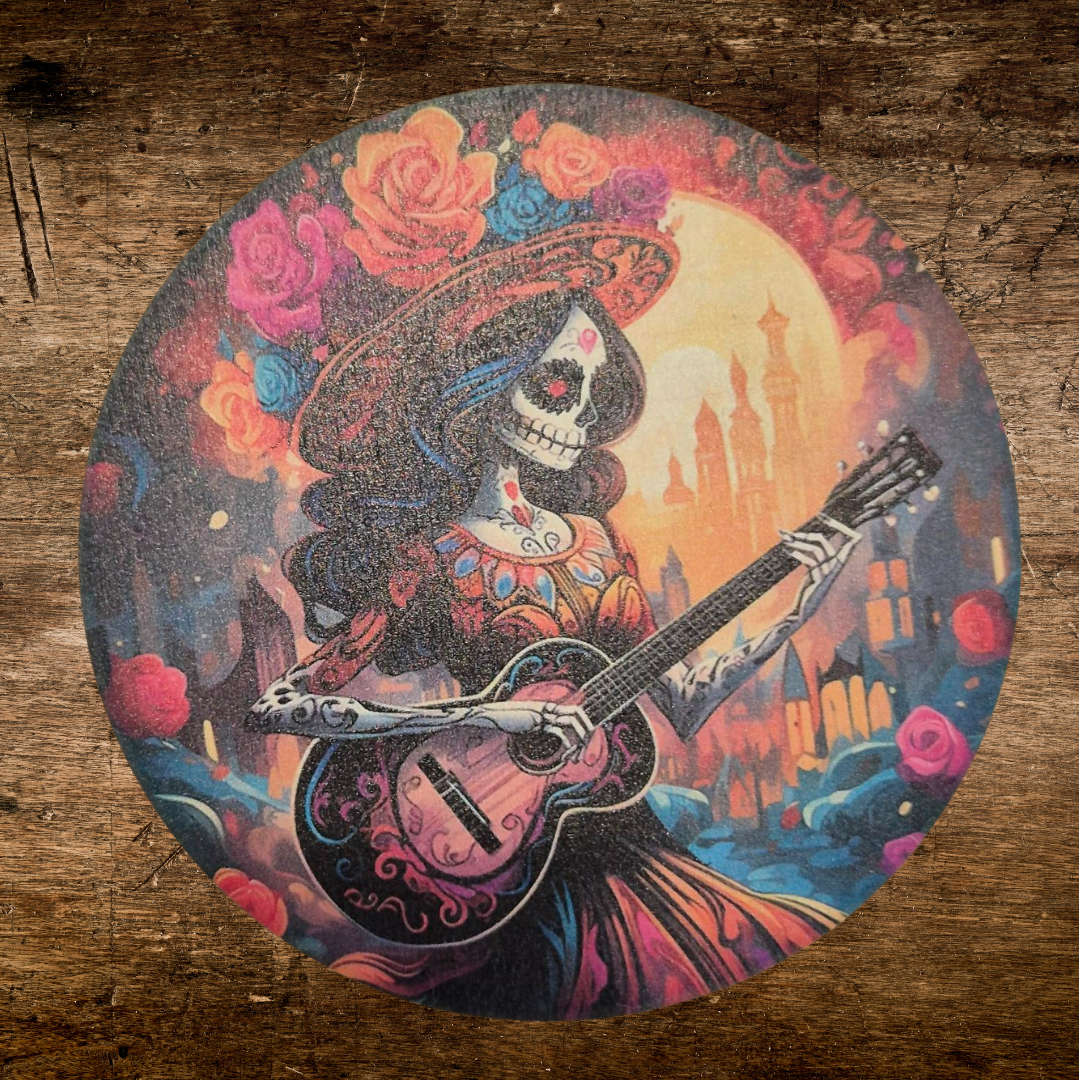 skeleton print wooden coaster lady