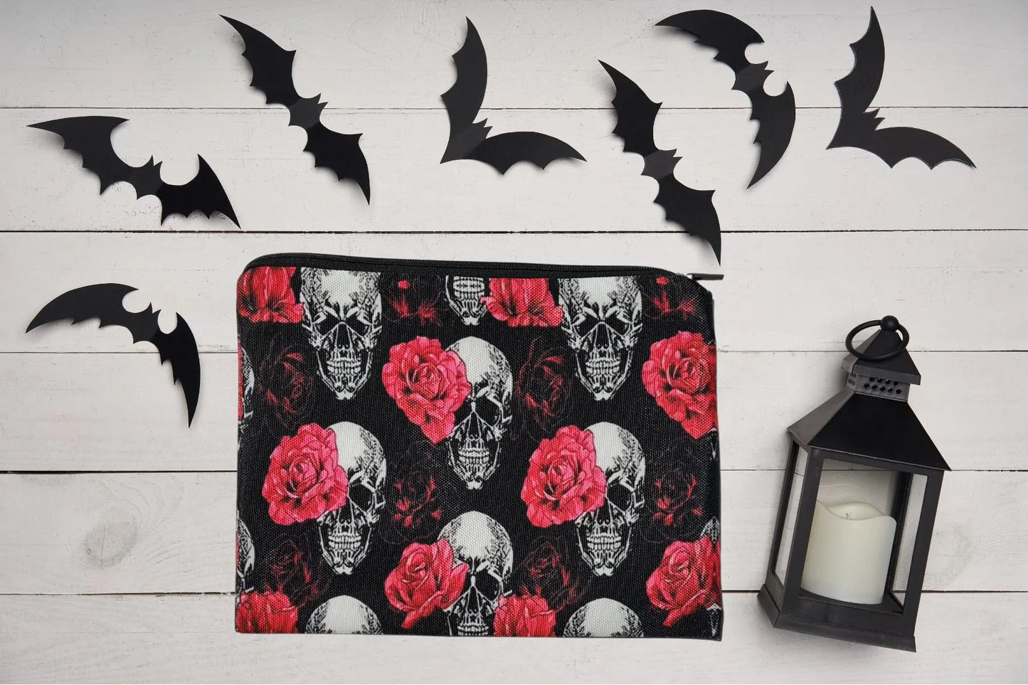 skull and roses makeup pencil case perfect for the goth or spooky gift