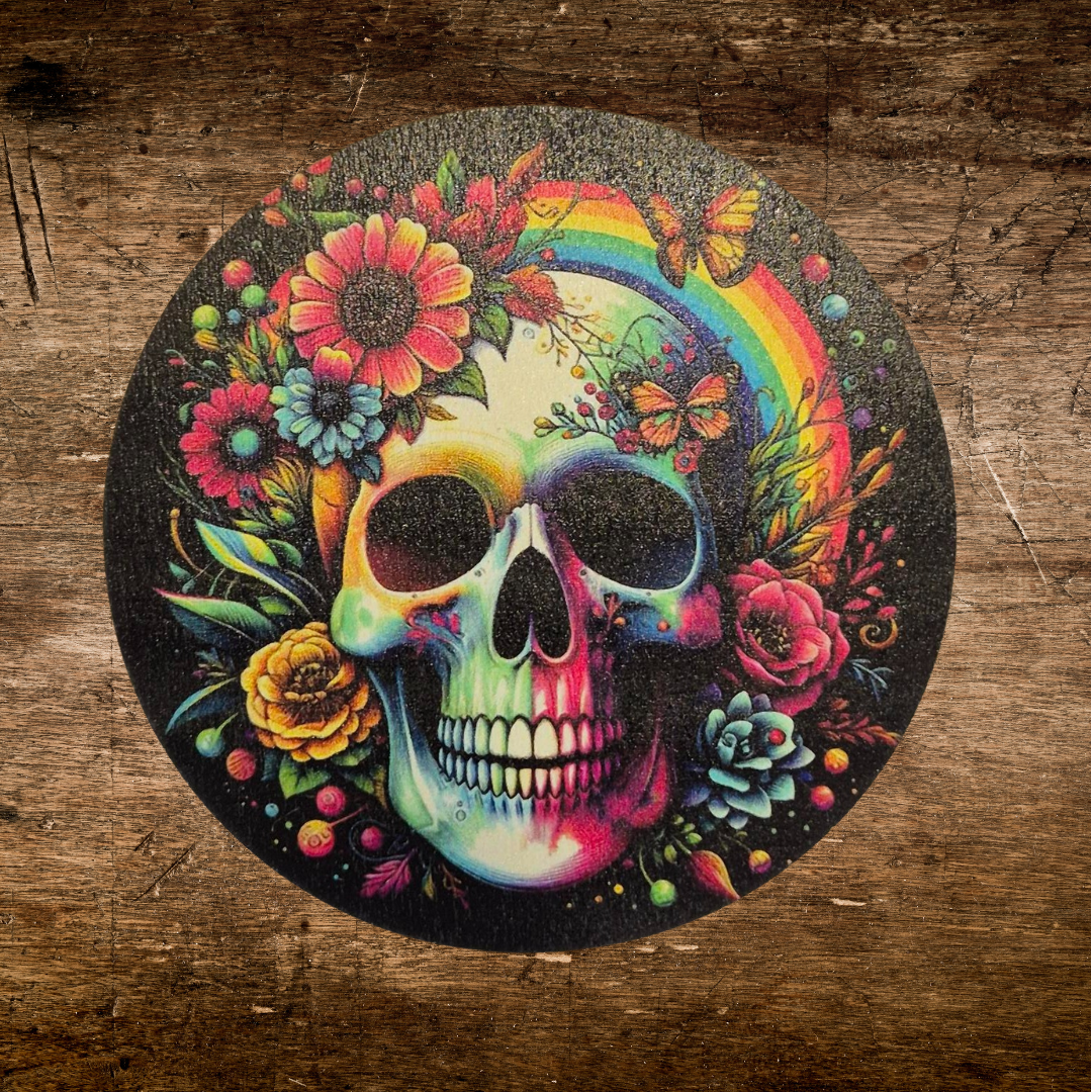 skull and roses print wooden coaster rainbow