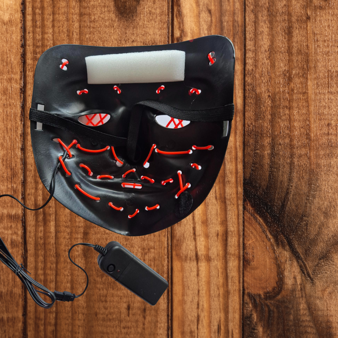 sleek LED purge-style mask with glowing light strips, blending fashion and technology, perfect for raves or festivals