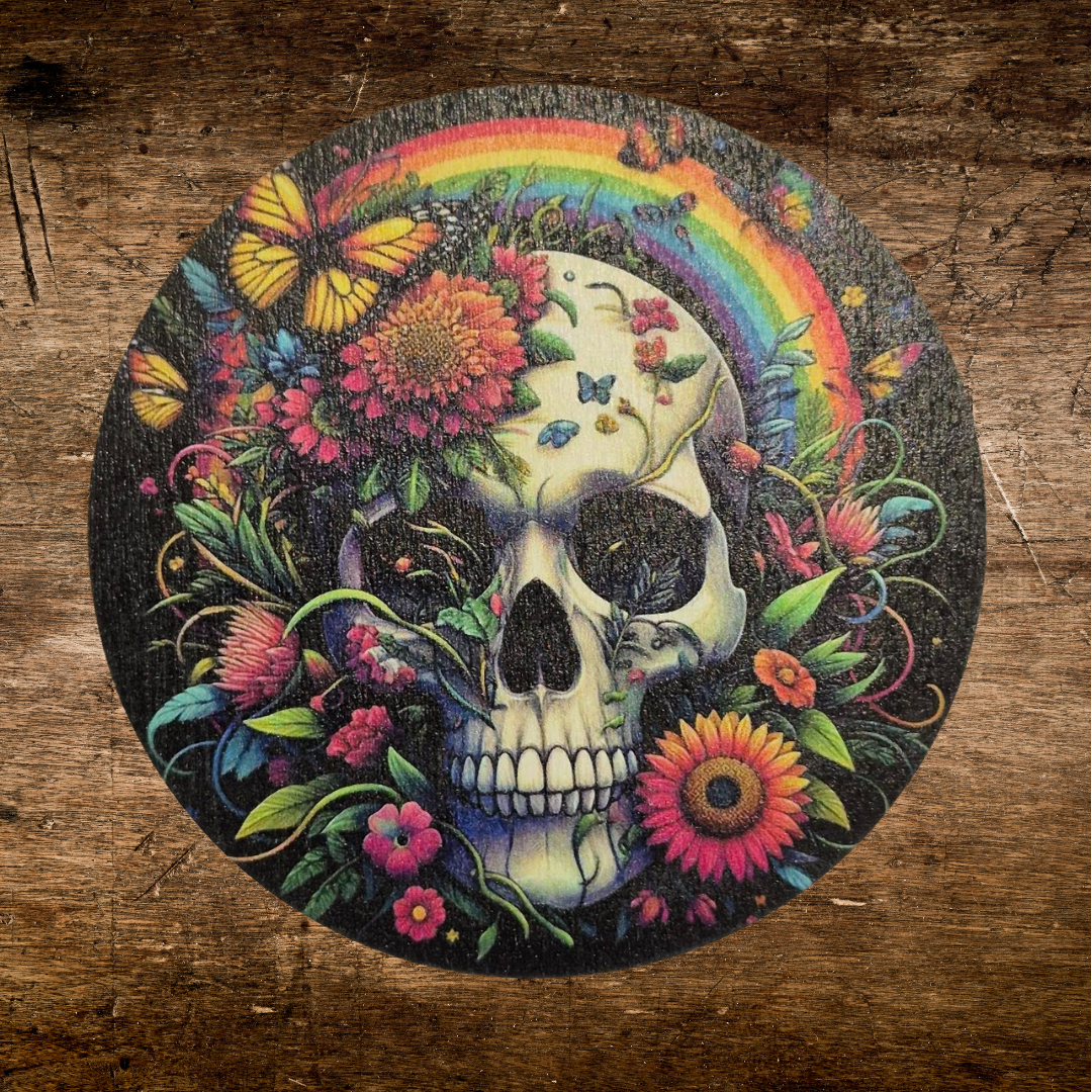 stunning skull and roses print wooden coaster