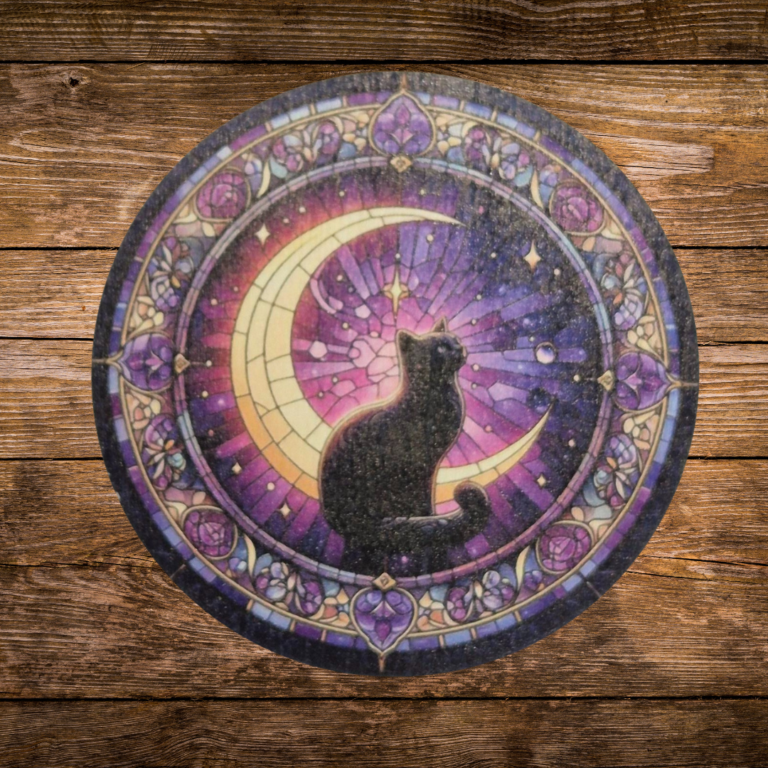 wooden mystical cat coaster with moon witchy occult feeling