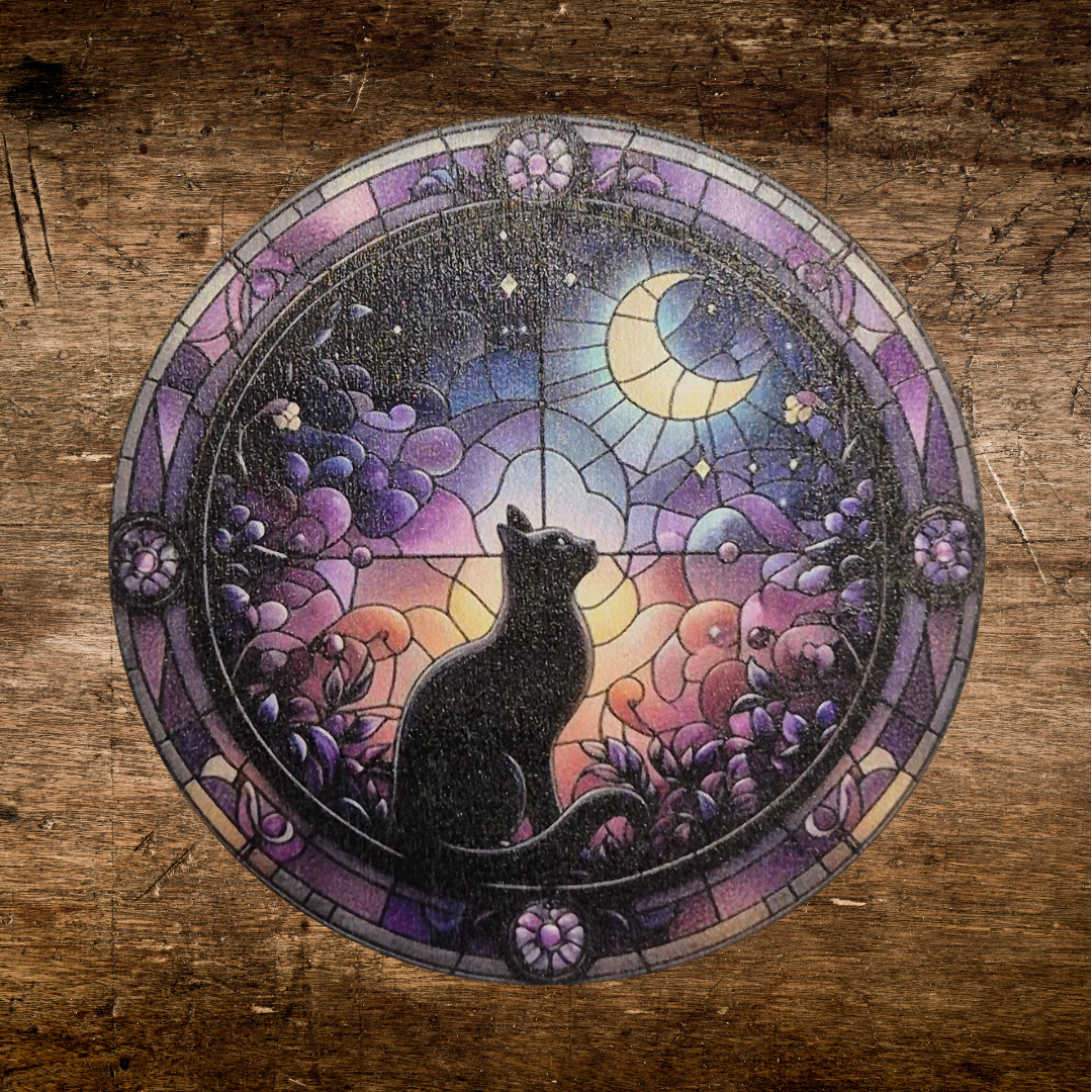 wooden mystical cat coaster with moon witchy occult feeling