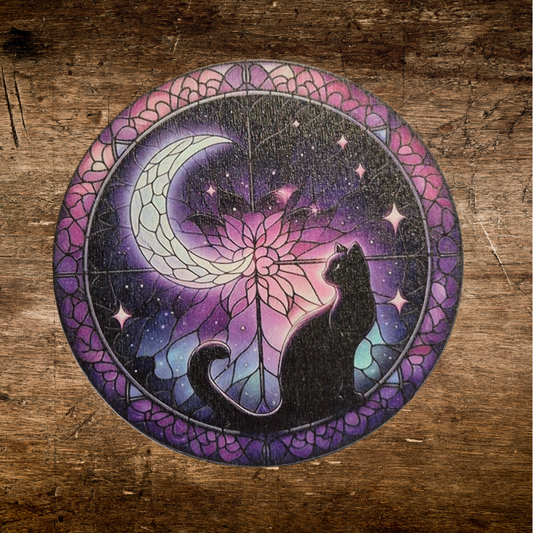 wooden mystical cat coaster with moon witchy occult feeling