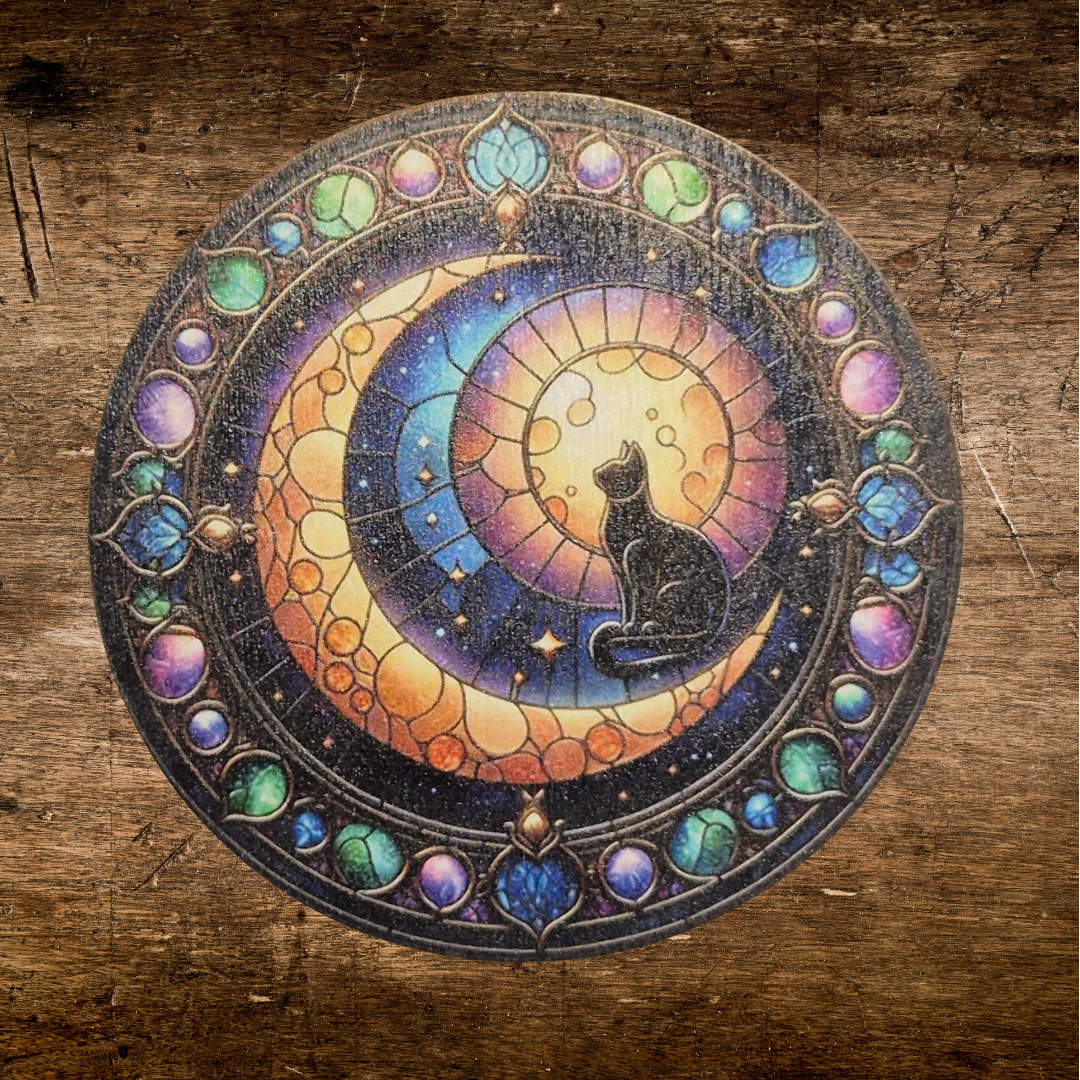 wooden mystical cat coaster with sun and moon witchy occult feeling